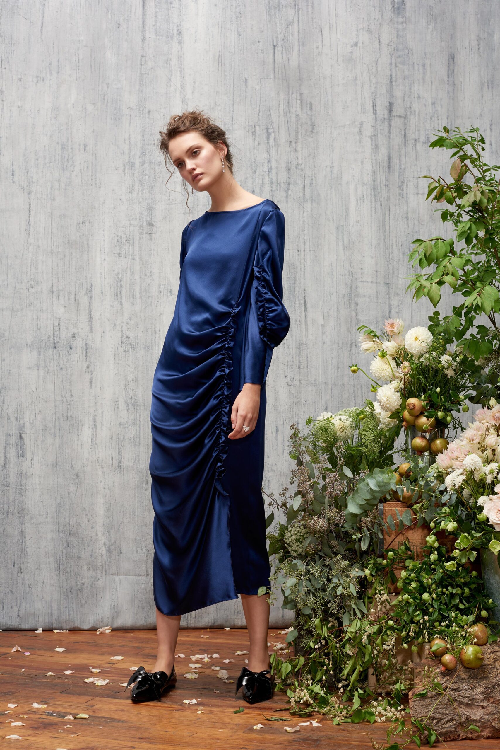 blue silk fitted dress