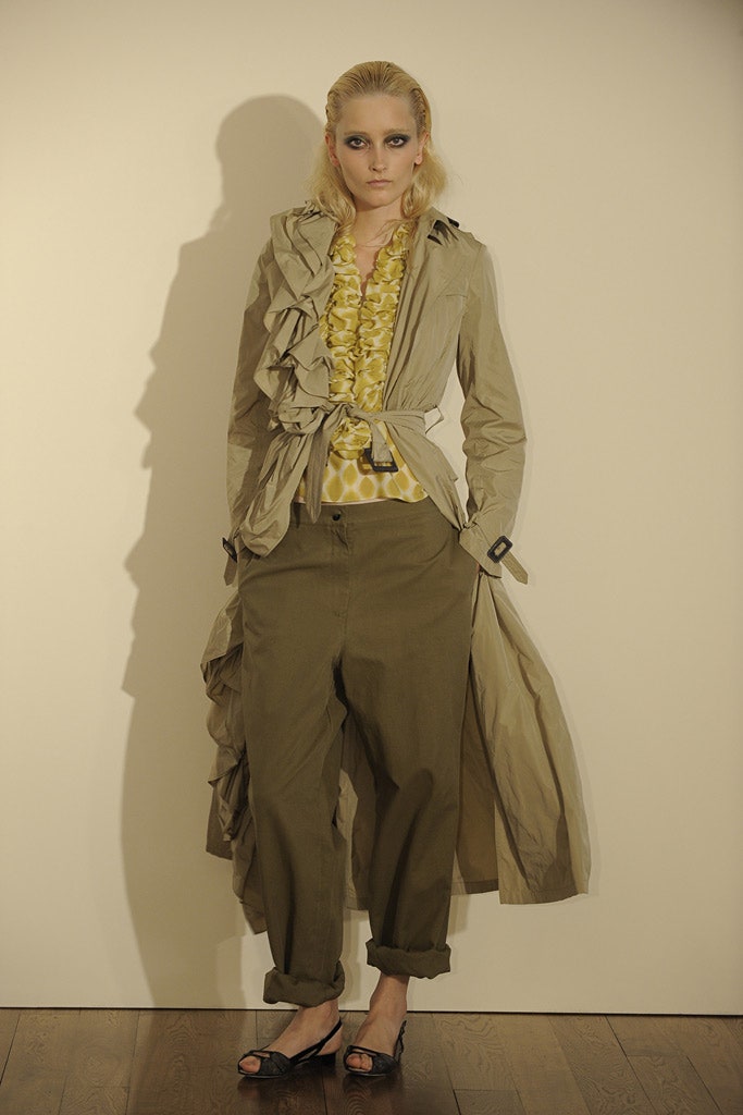yellow silk long-sleeve collared fitted ruffled blouse
