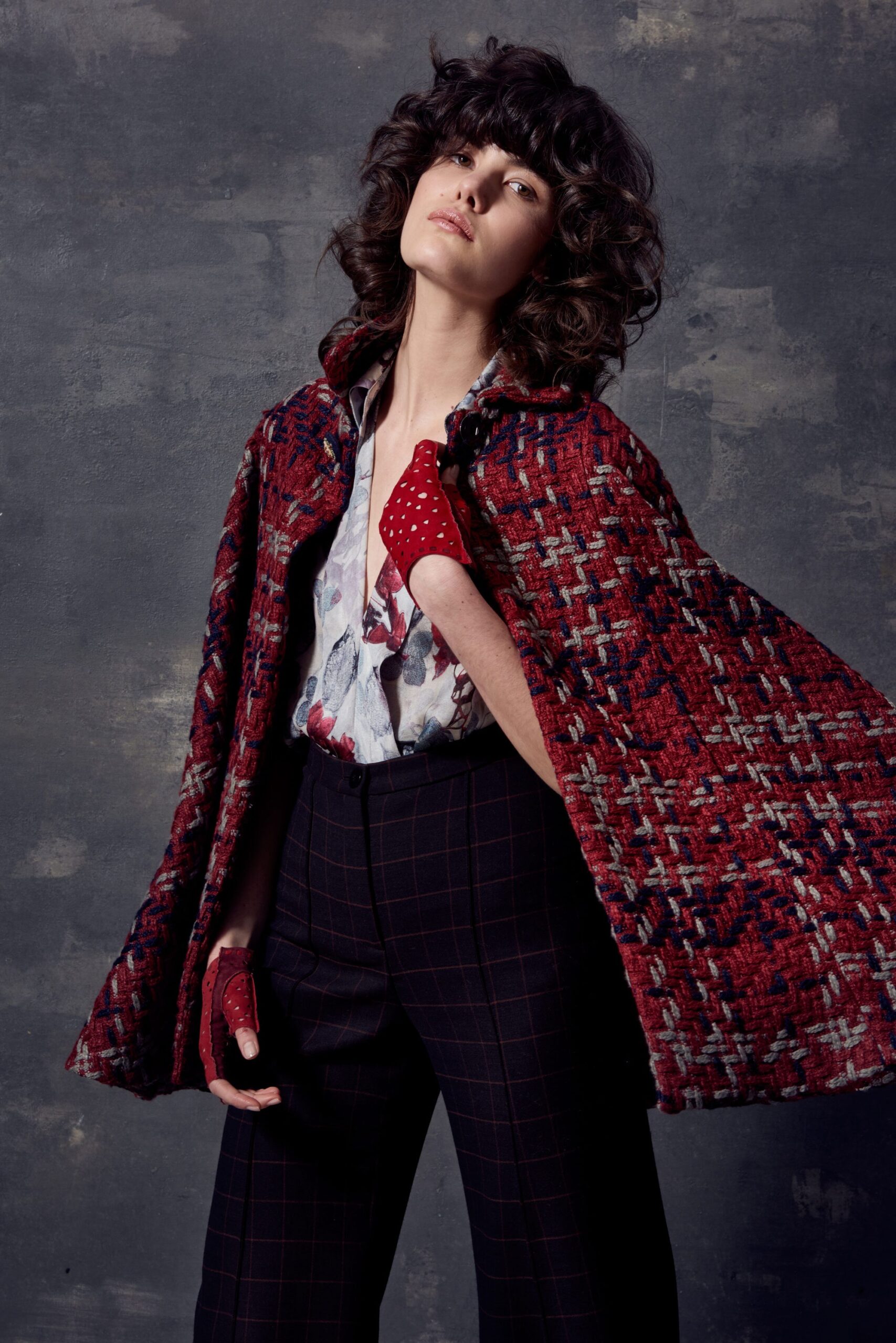 red wool cape with tailored pants