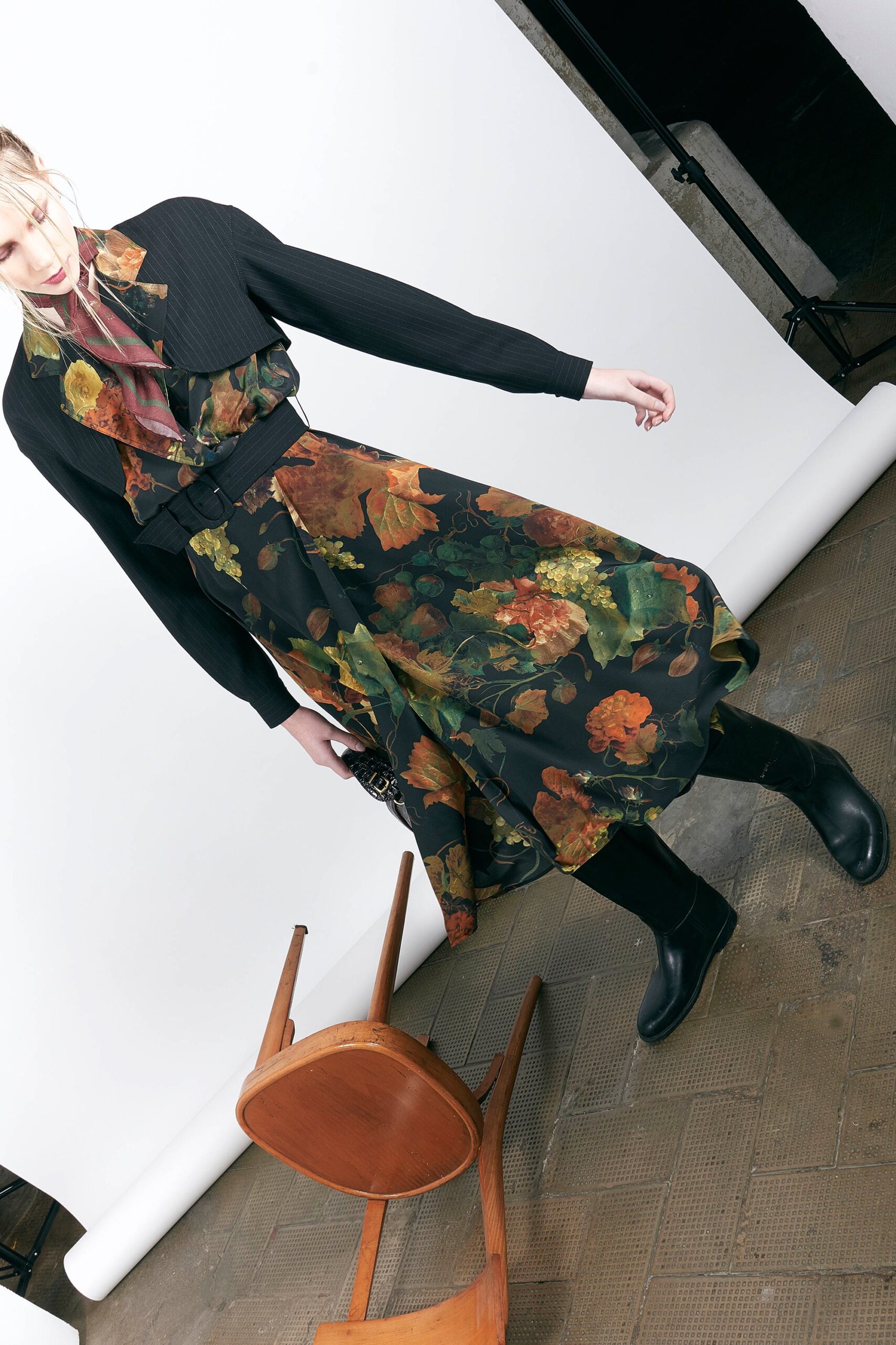 black multi floral midi dress with jacket