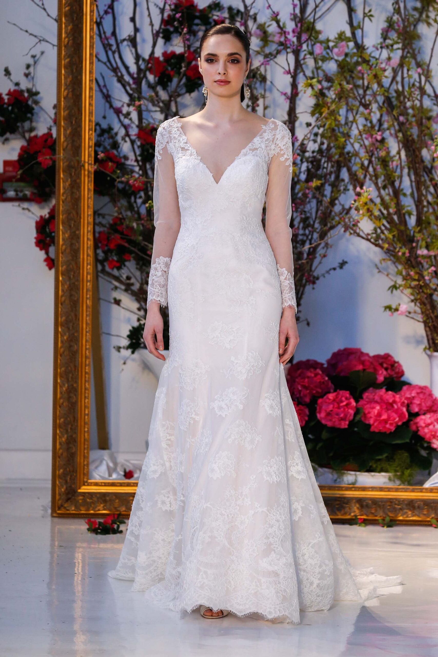 white lace long-sleeve gown