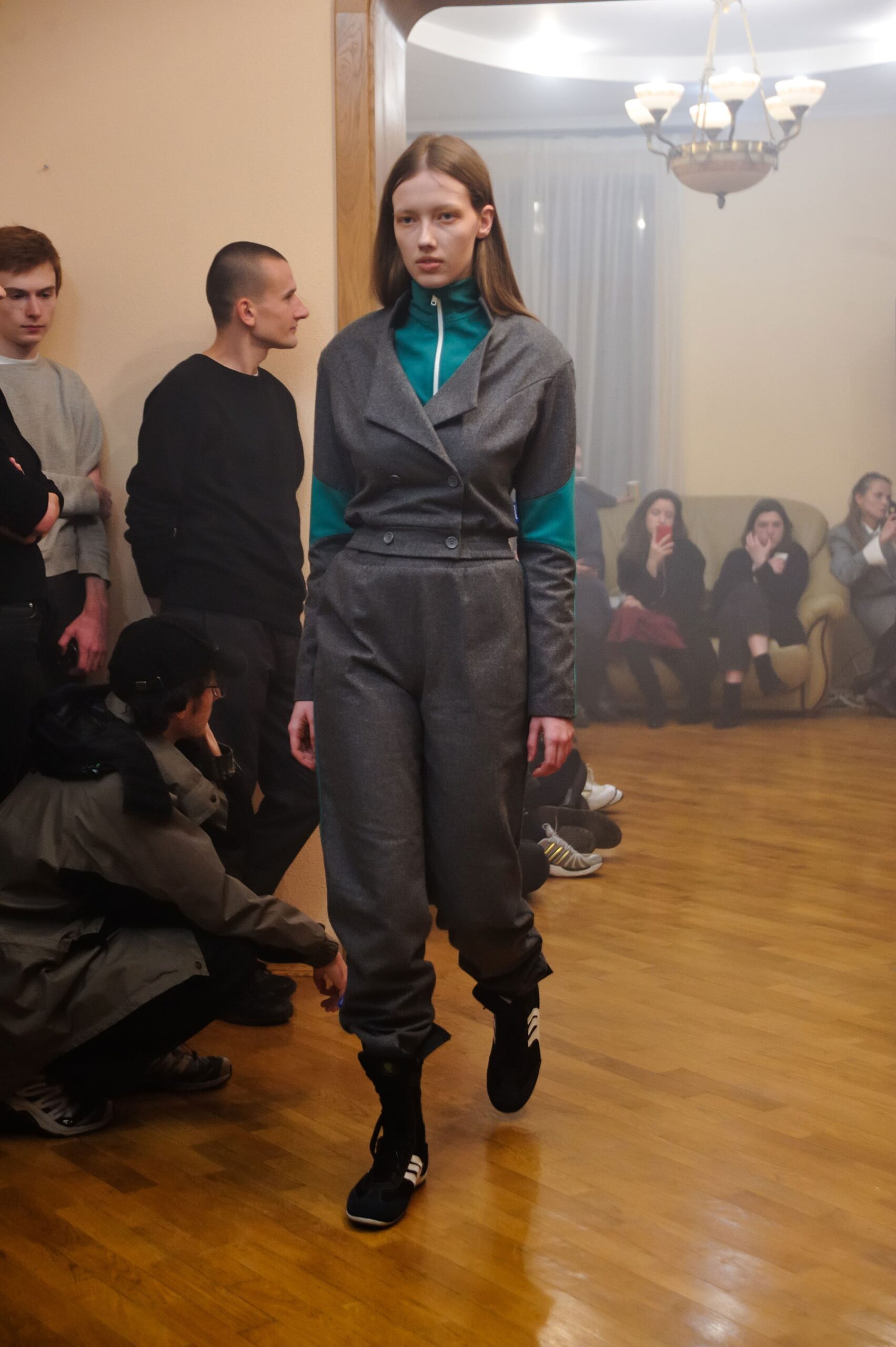 gray cotton long-sleeve collared fitted zippered jumpsuit