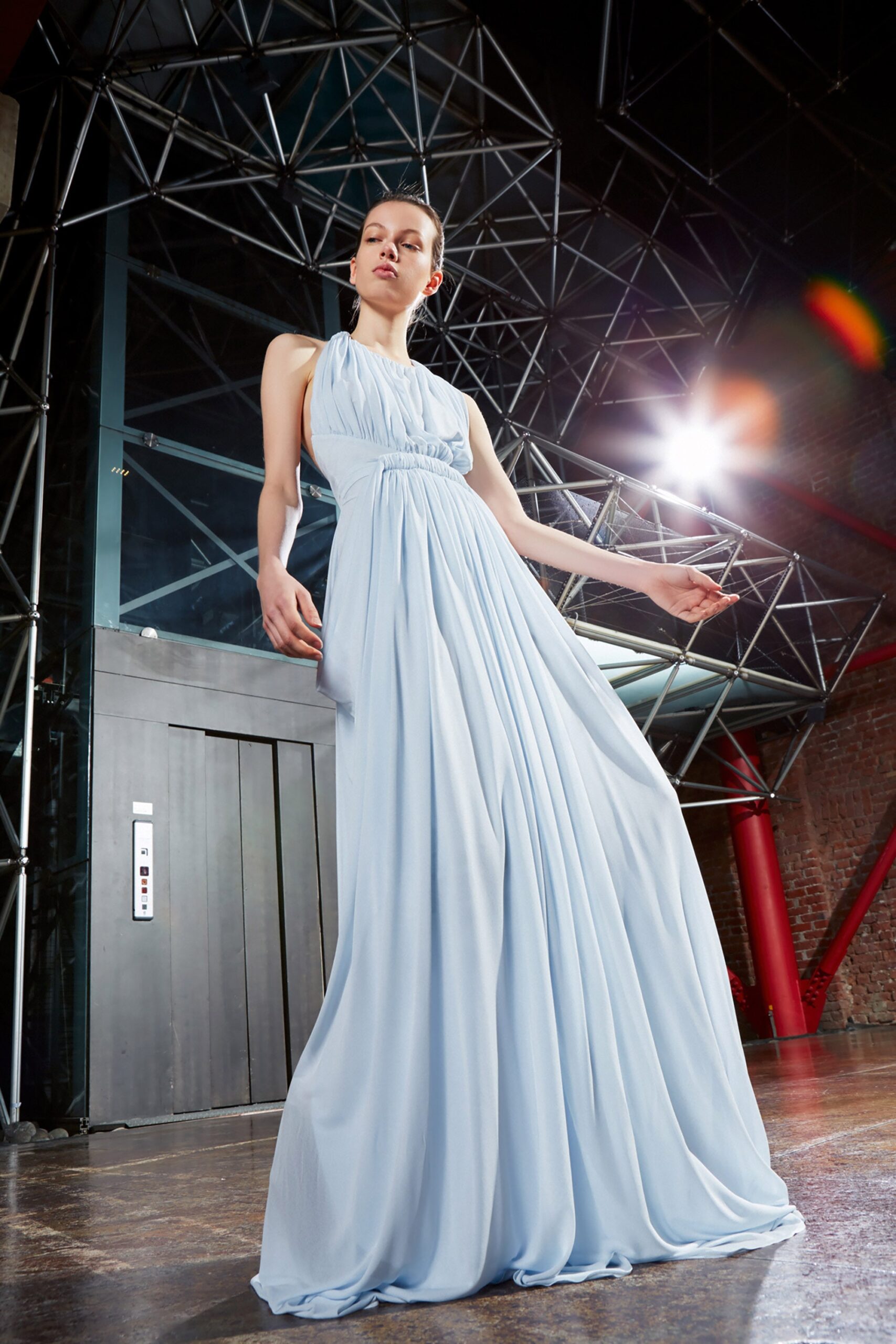blue chiffon sleeveless gown