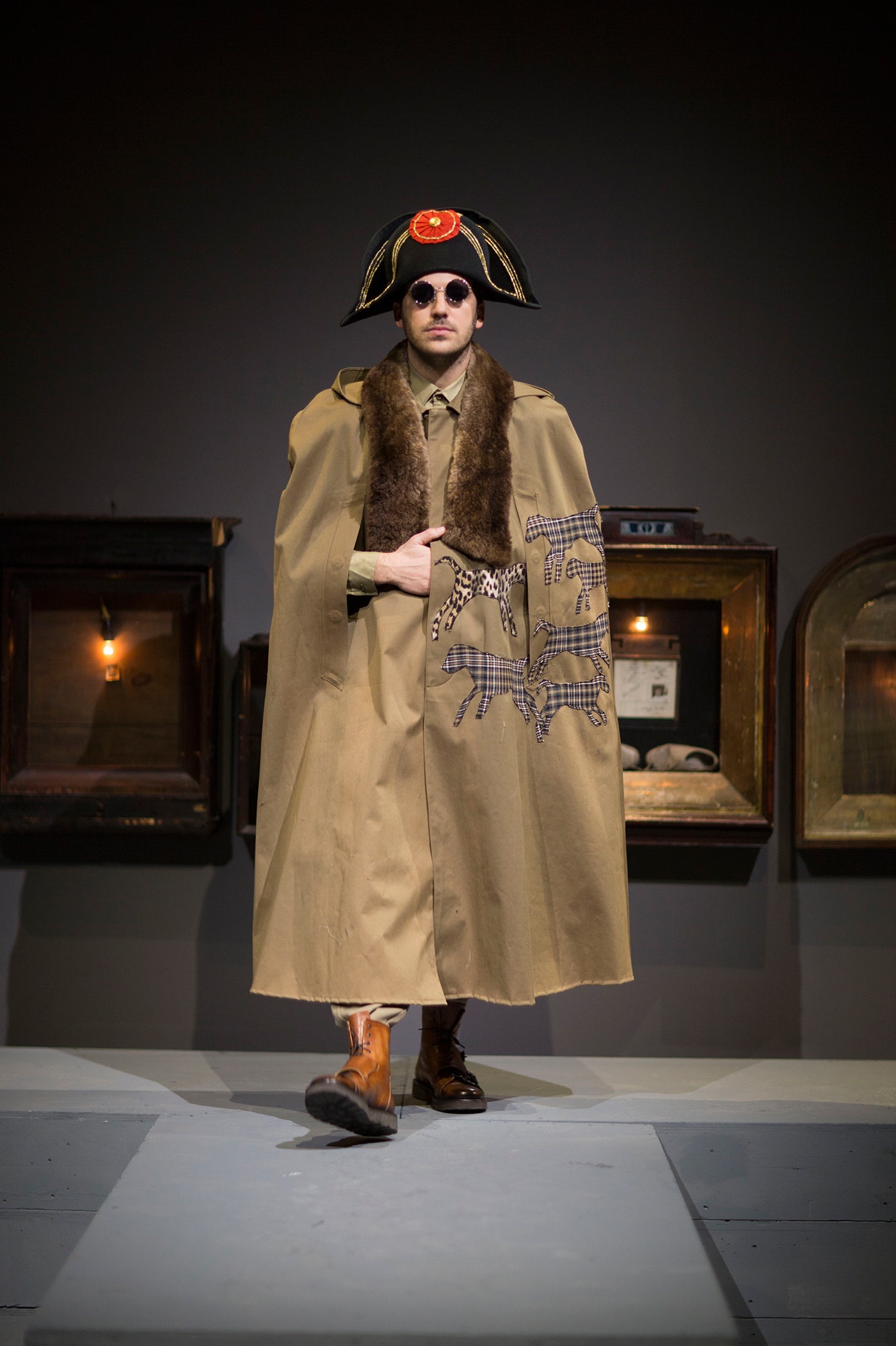 beige wool long-sleeve relaxed embroidered cape