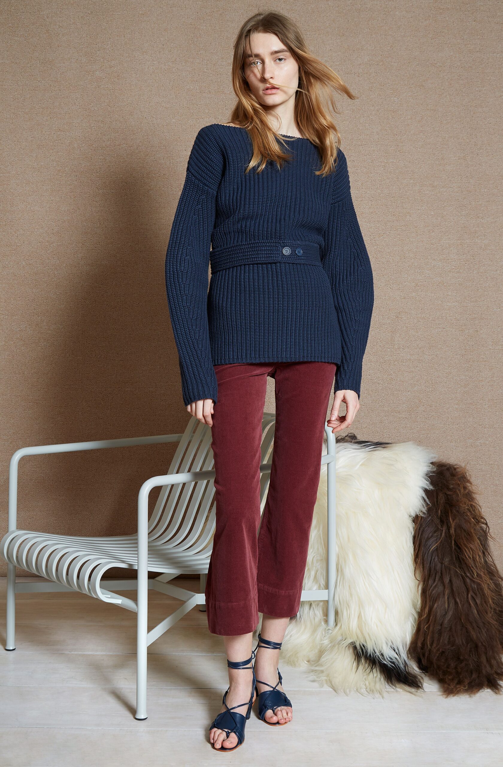 navy ribbed fitted sweater and burgundy pants