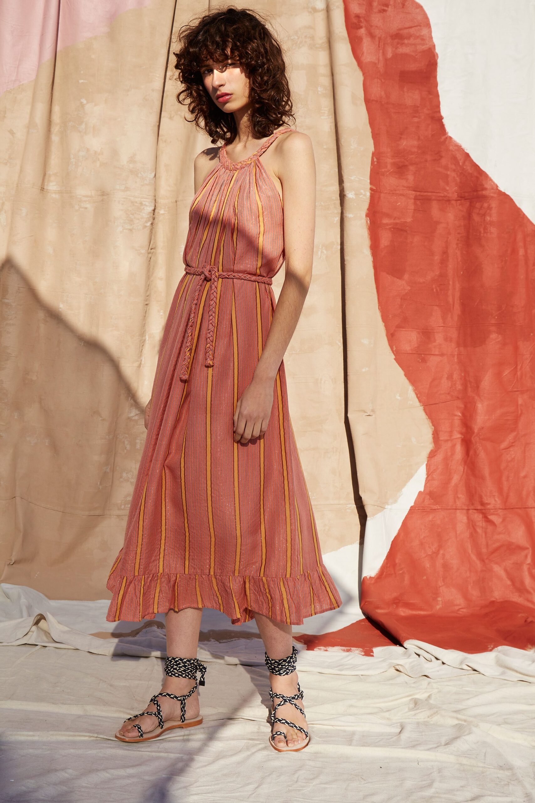 pink striped midi dress with strappy shoes