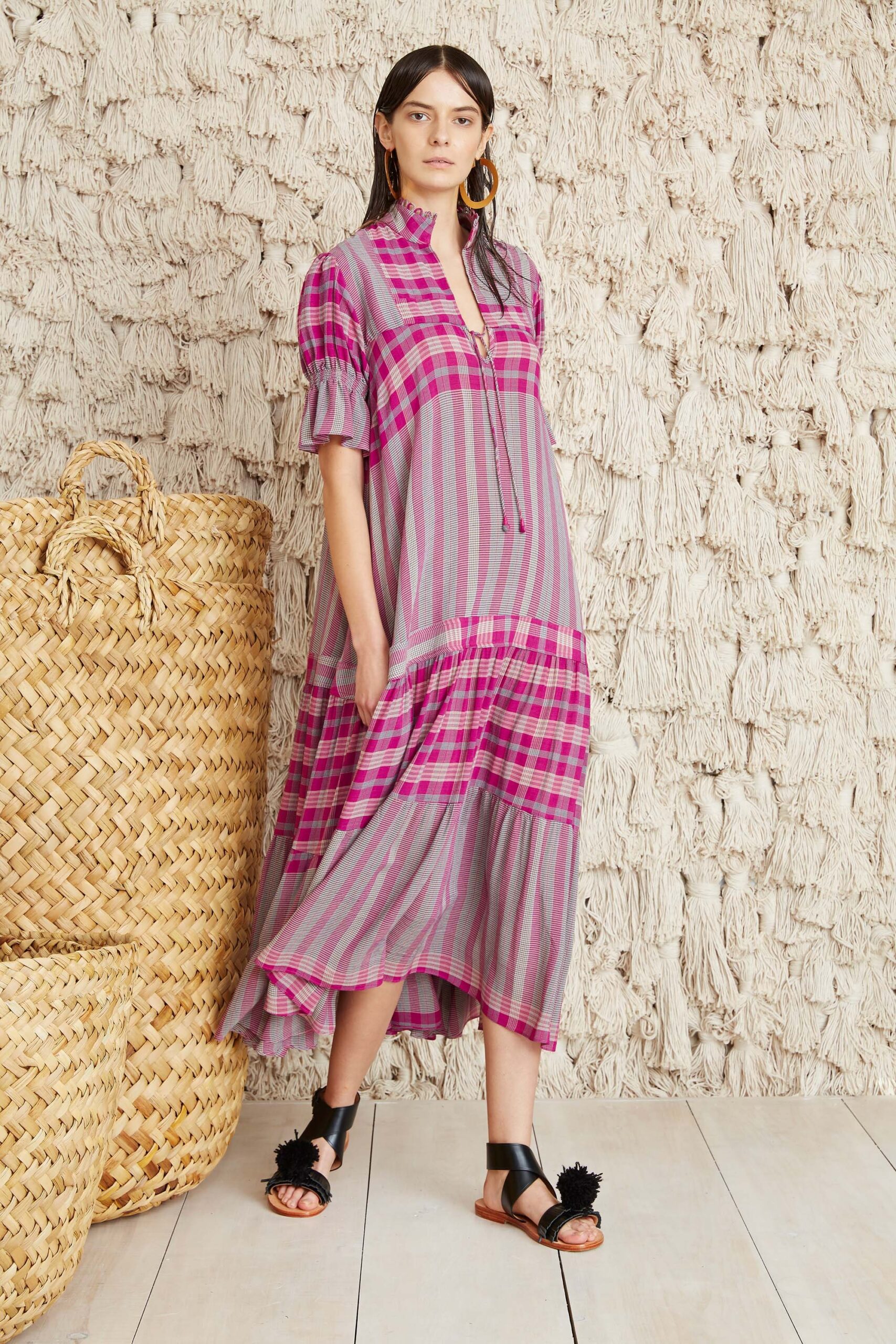 pink and gray checked midi dress