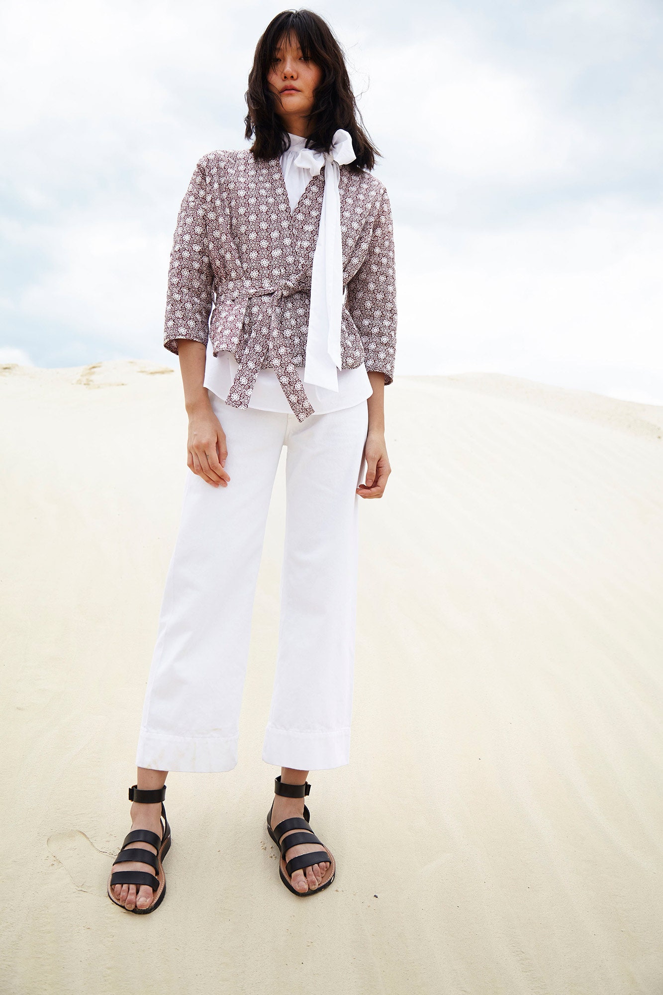 brown cotton long-sleeve collared fitted printed belted jacket