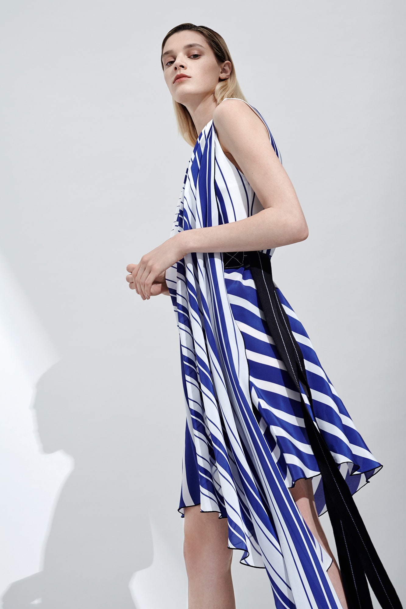 blue and white striped asymmetric dress