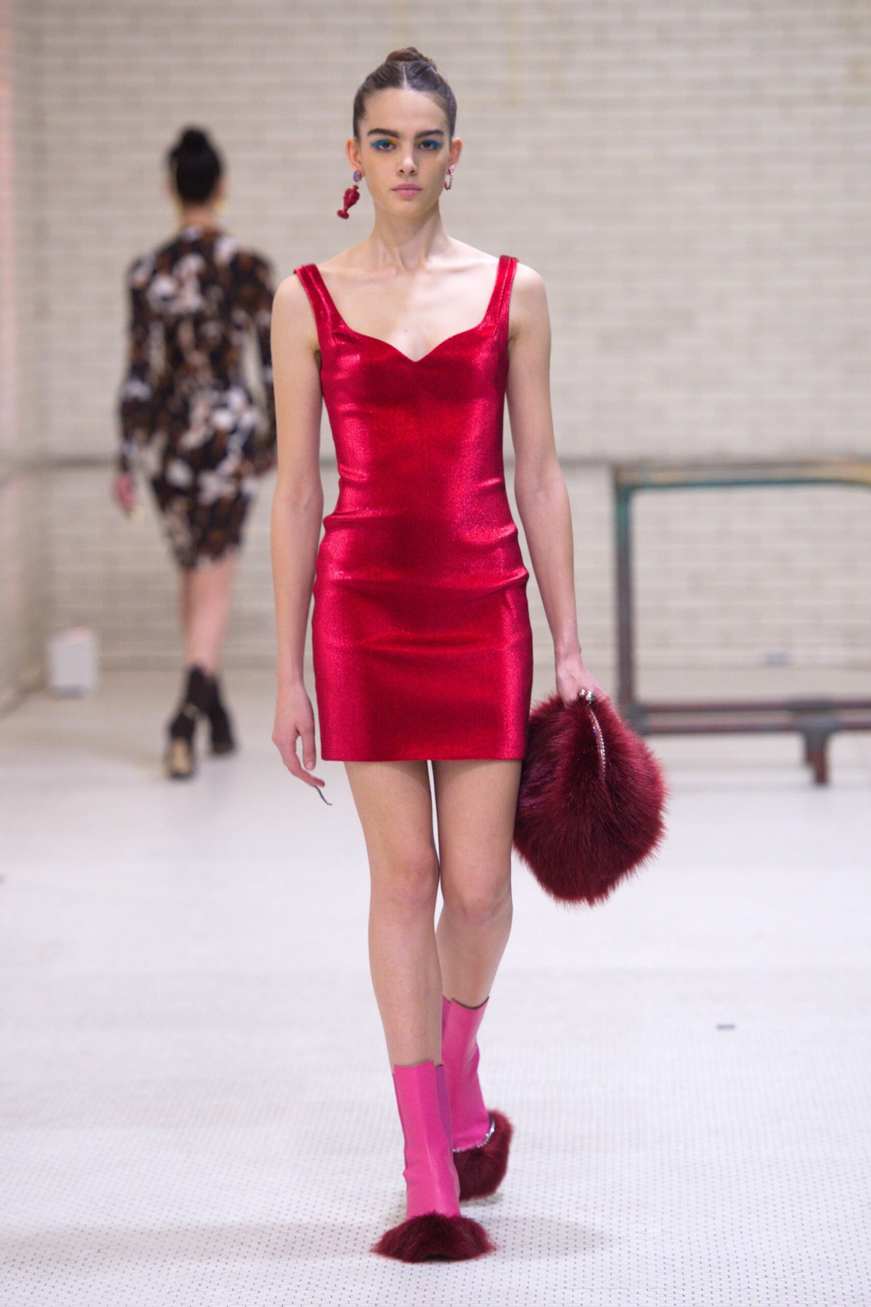 red silk sleeveless v-neck fitted pencil shiny mini-dress