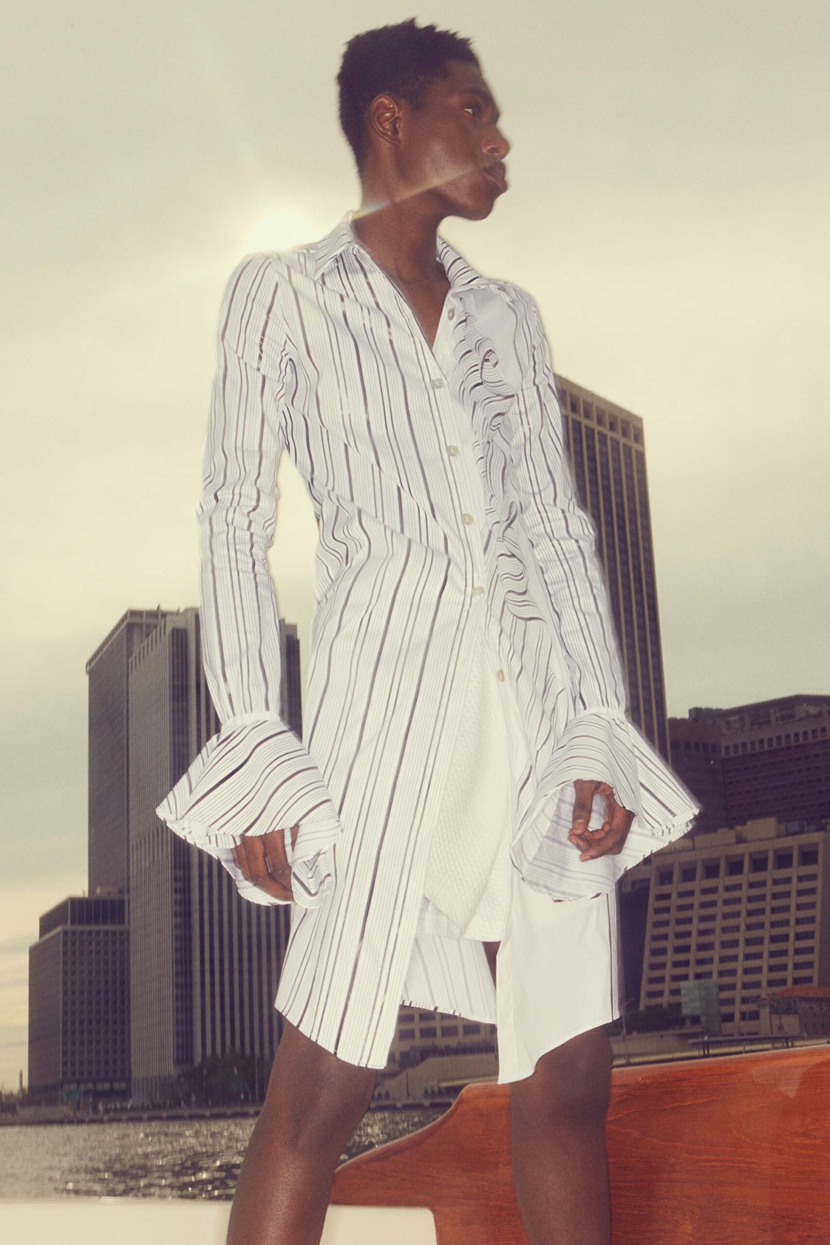 white and blue striped shirt-dress