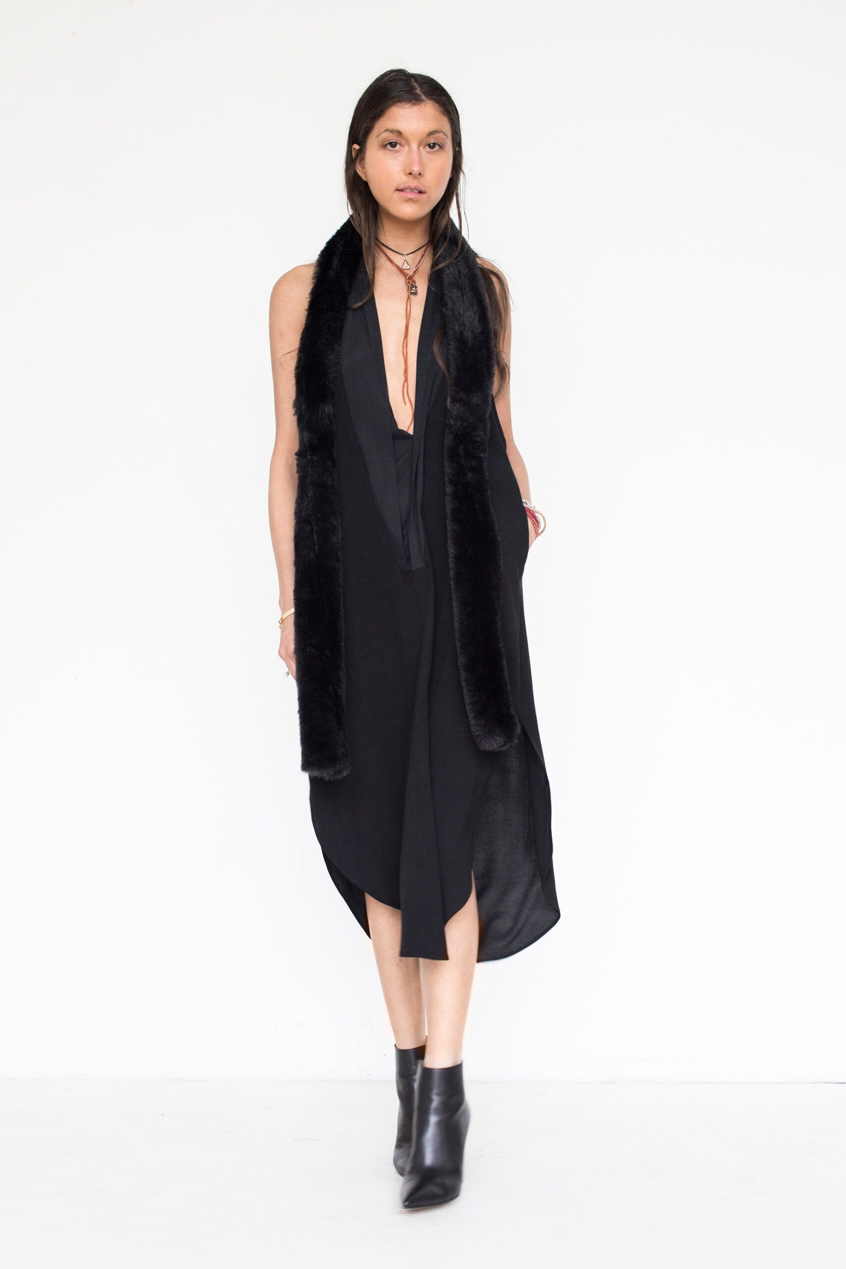 black silk midi dress with faux-fur scarf