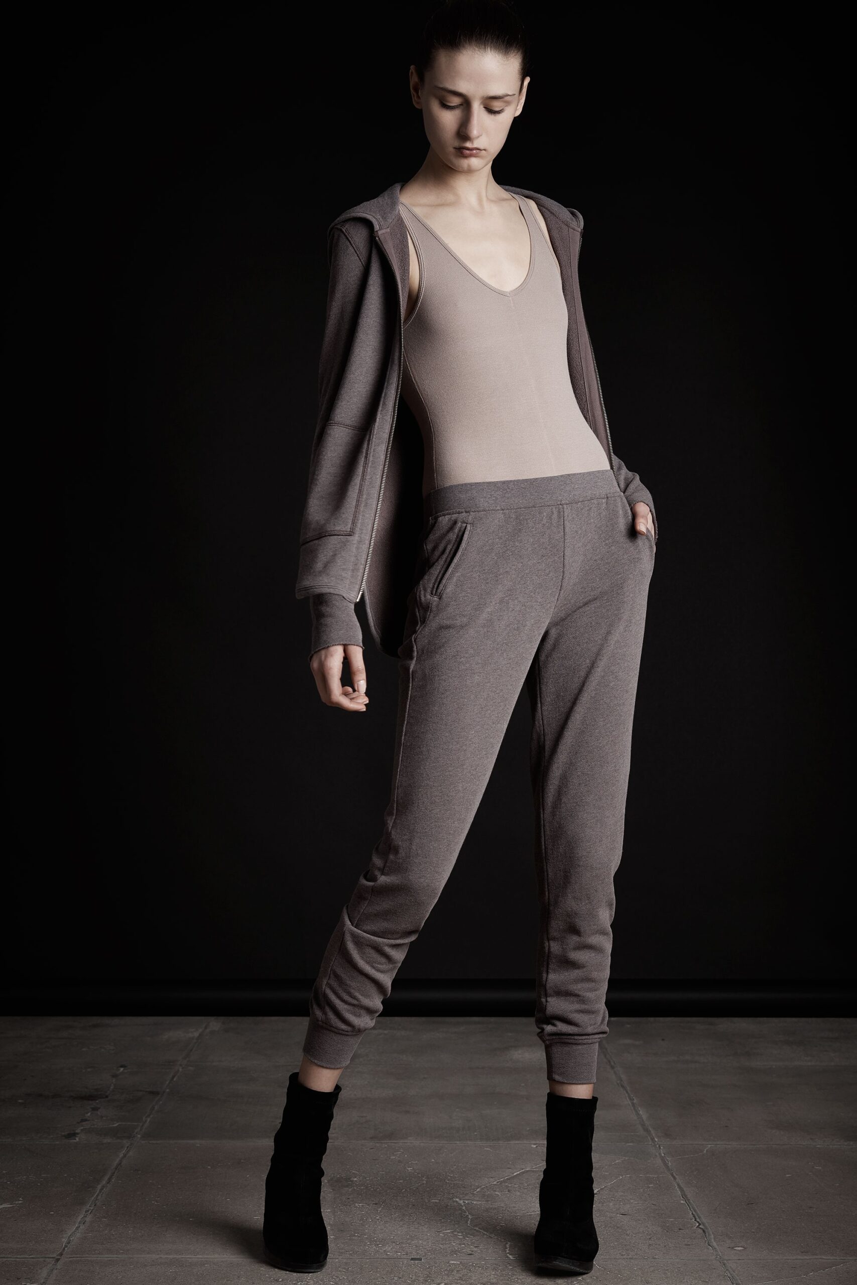 gray hoodie beige bodysuit gray pants