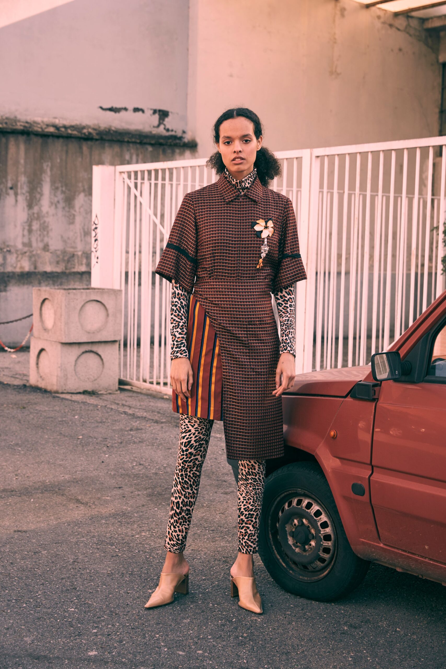 brown checked midi dress with animal-print pants