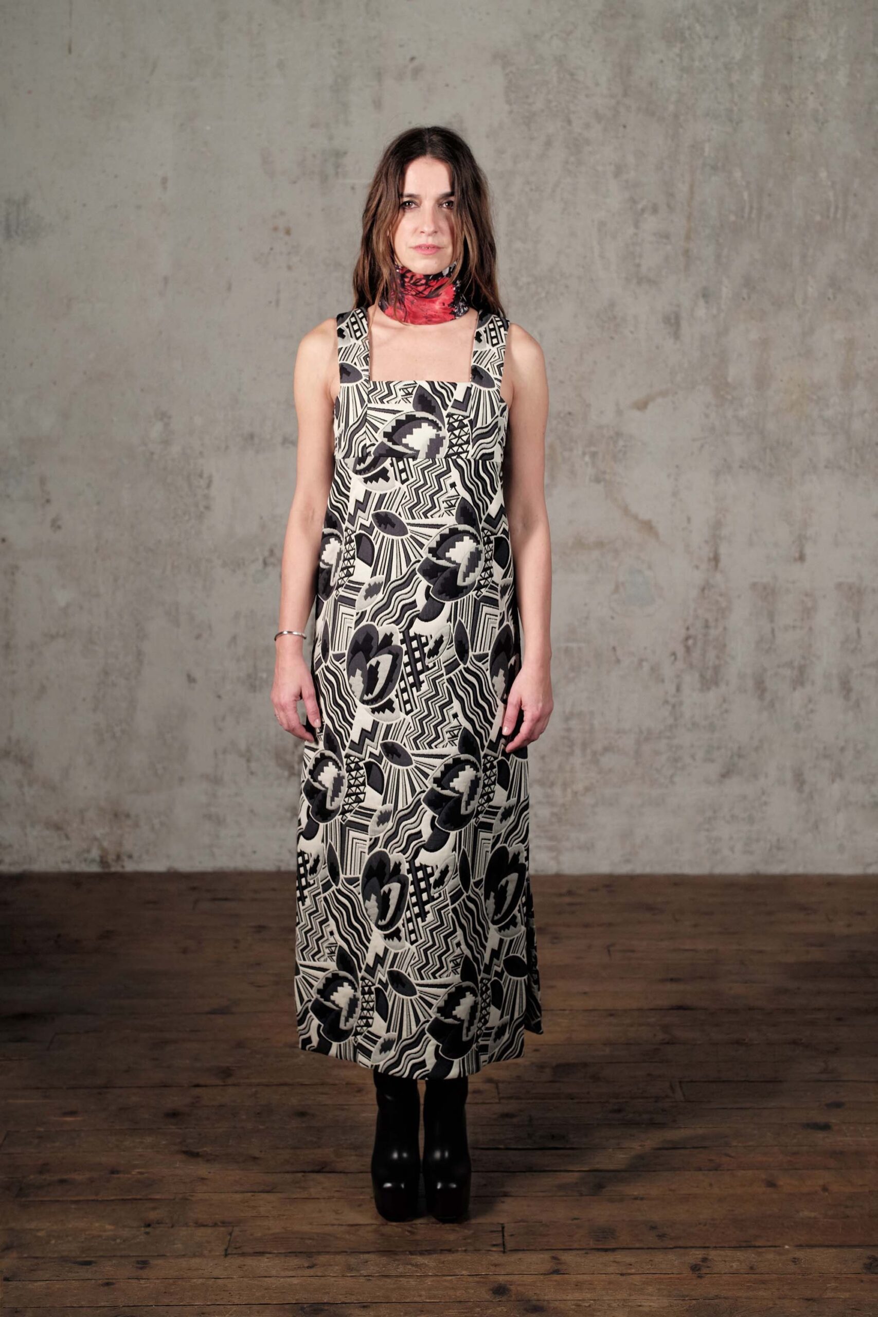 relaxed printed midi dress with scarf