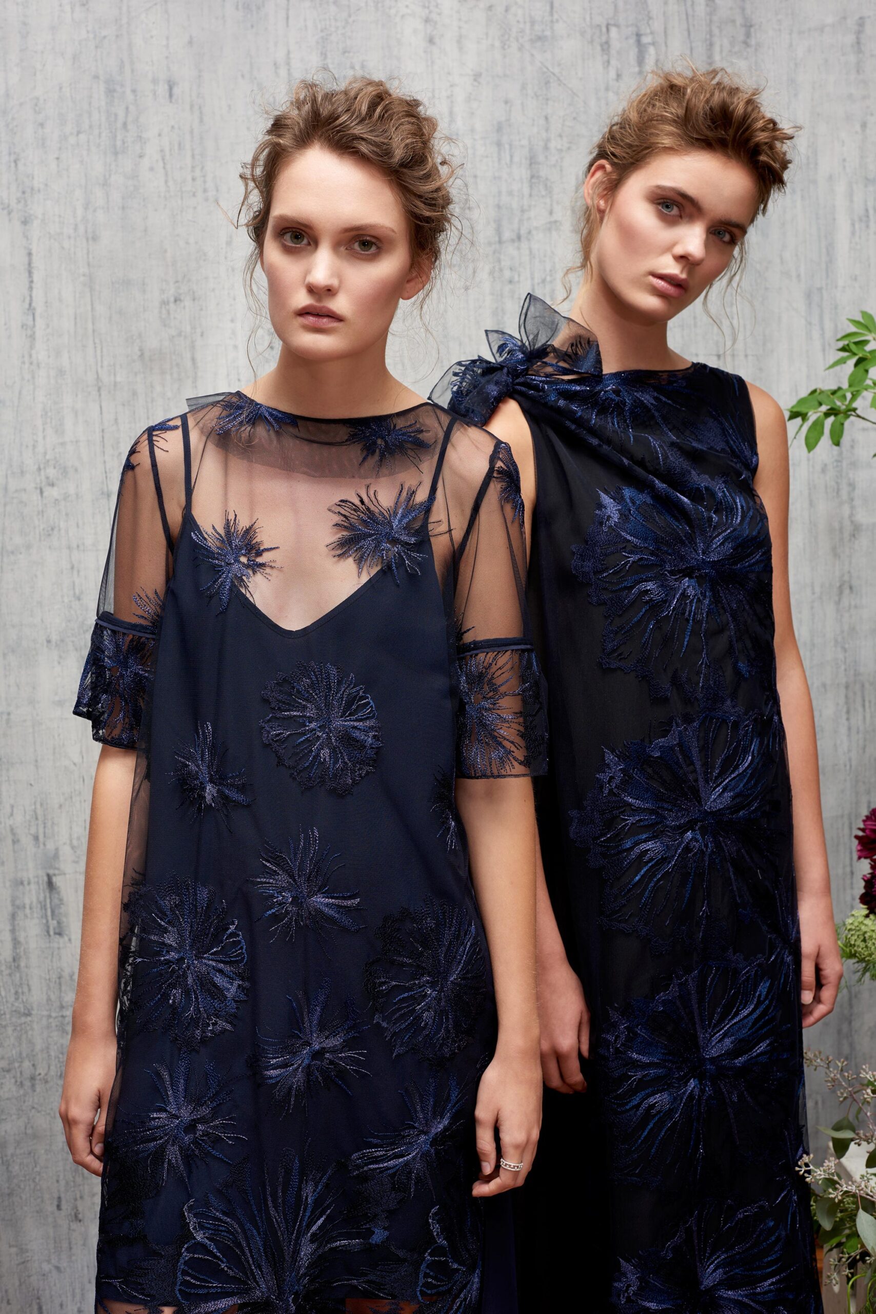 blue silk sleeveless v-neck relaxed embroidered sheer dress