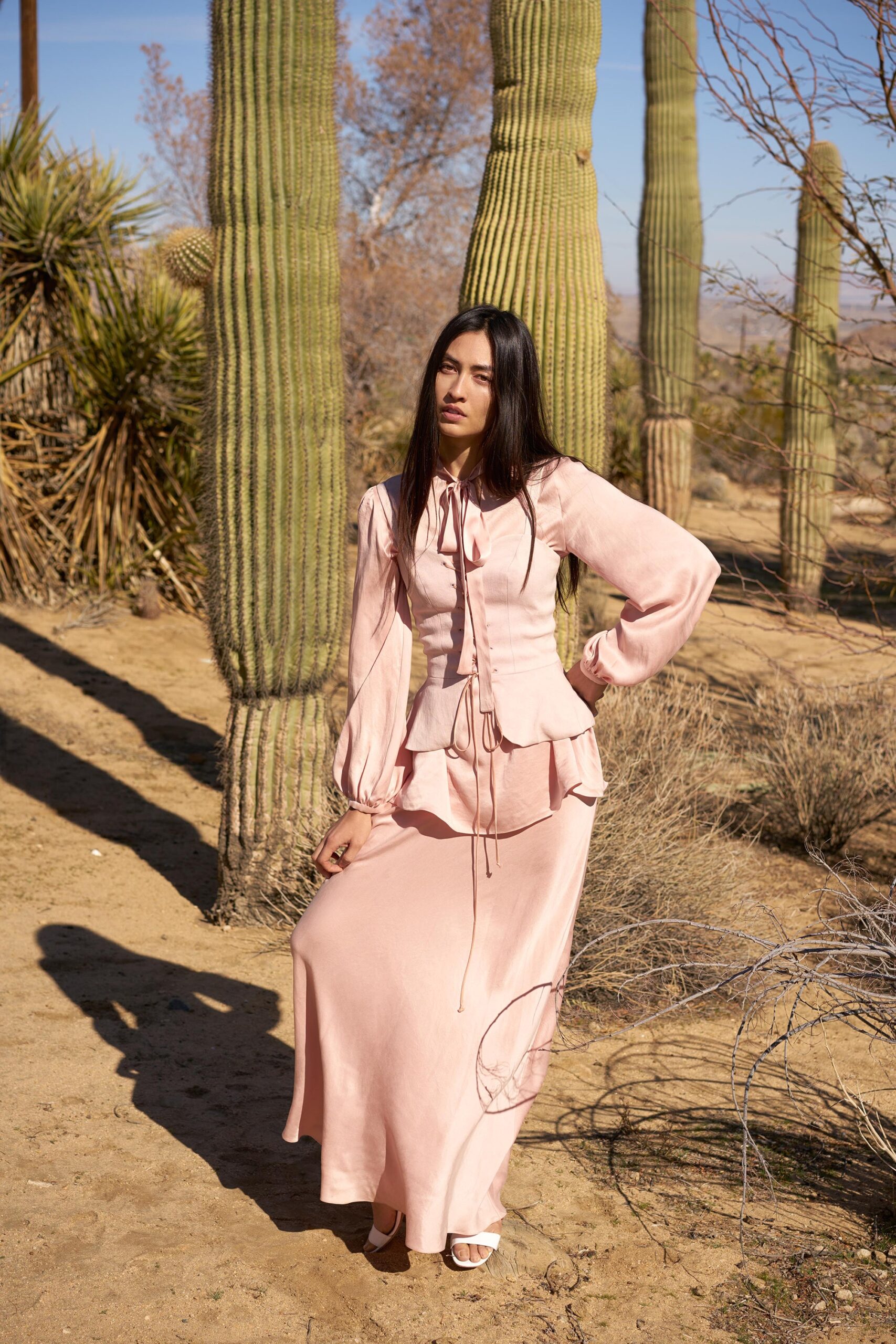 pink silk long-sleeve collared fitted ruffled top