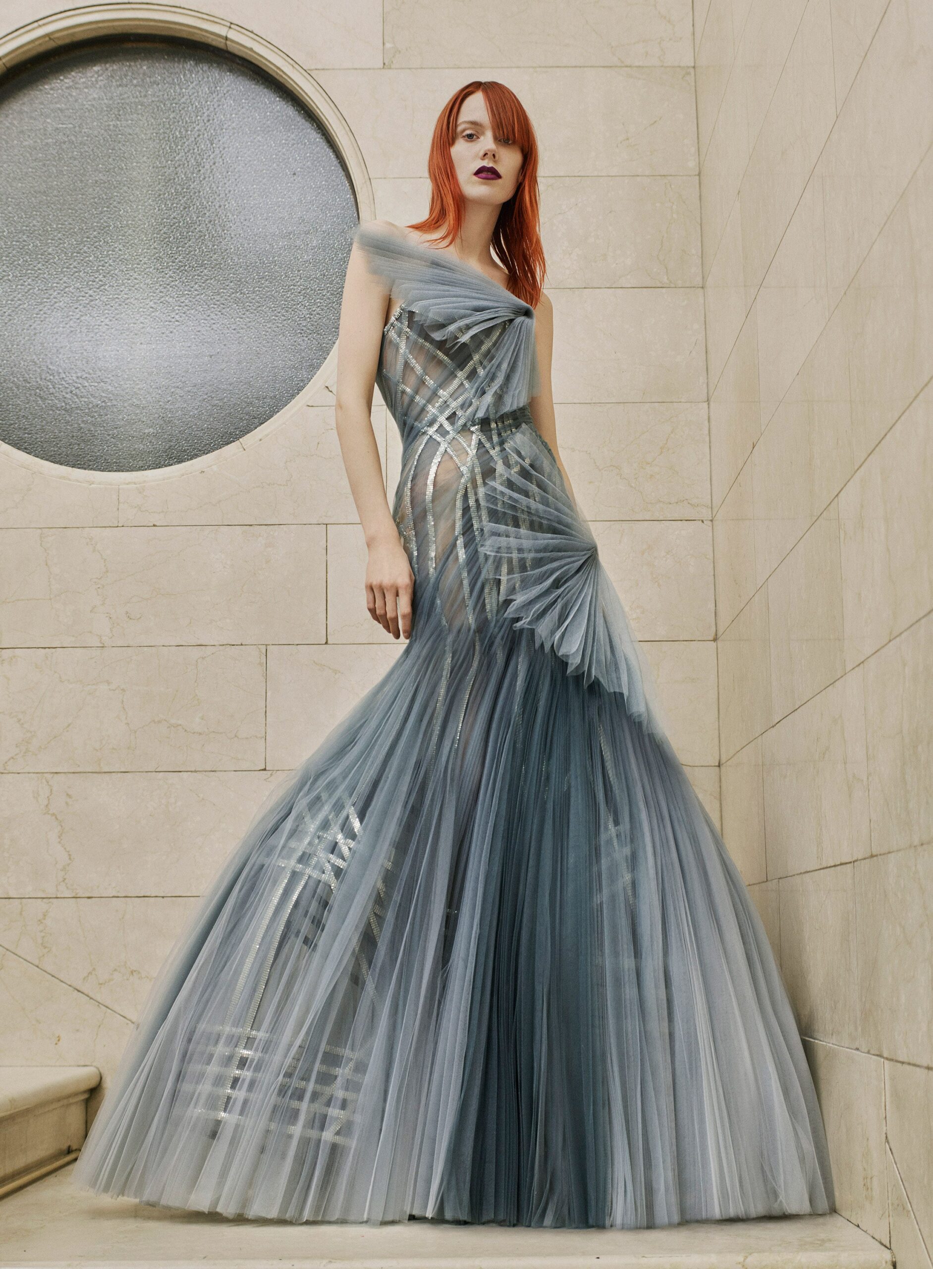 blue gray pleated tulle gown
