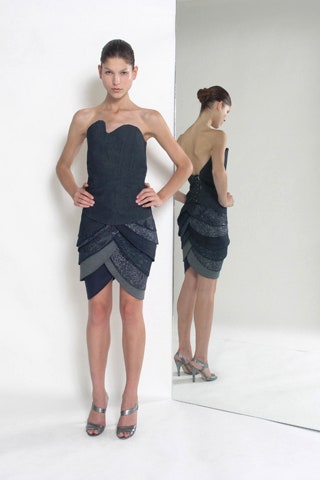 black and gray layered strapless dress