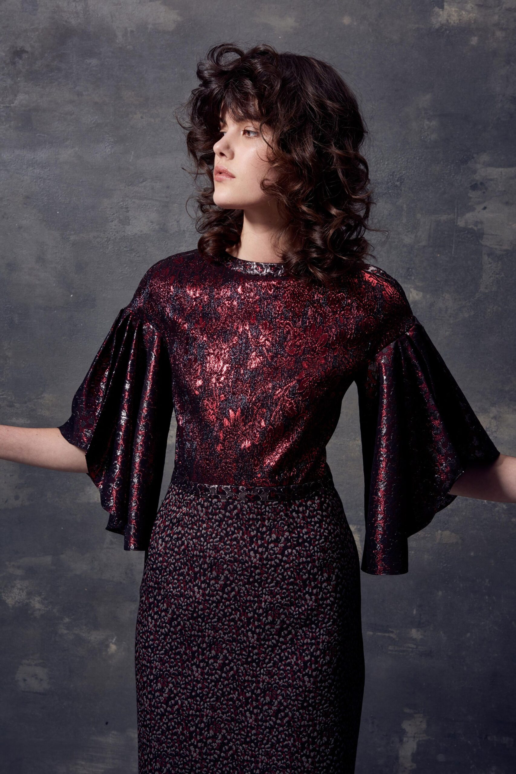red silk short-sleeve high-neck fitted flared embroidered top