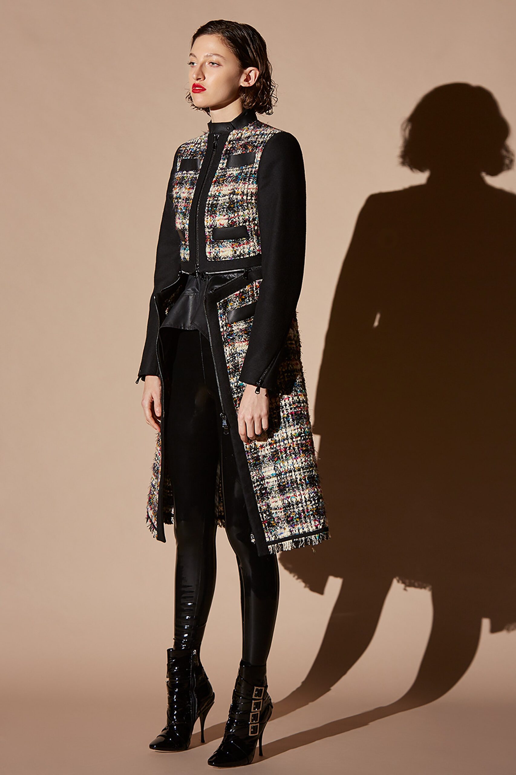 black tweed long-sleeve collared fitted zippered belted coat
