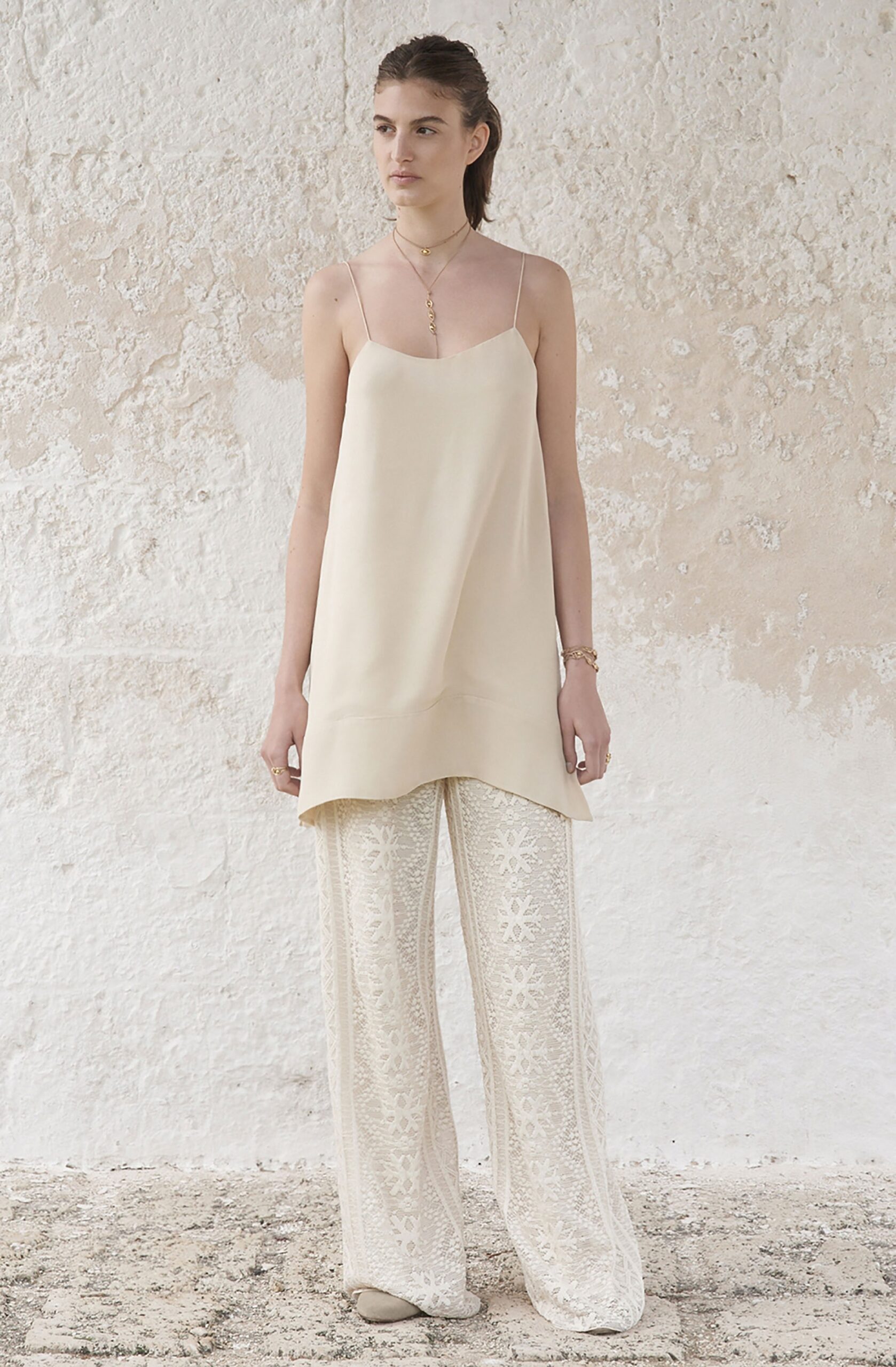 beige silk sleeveless v-neck relaxed layered short top
