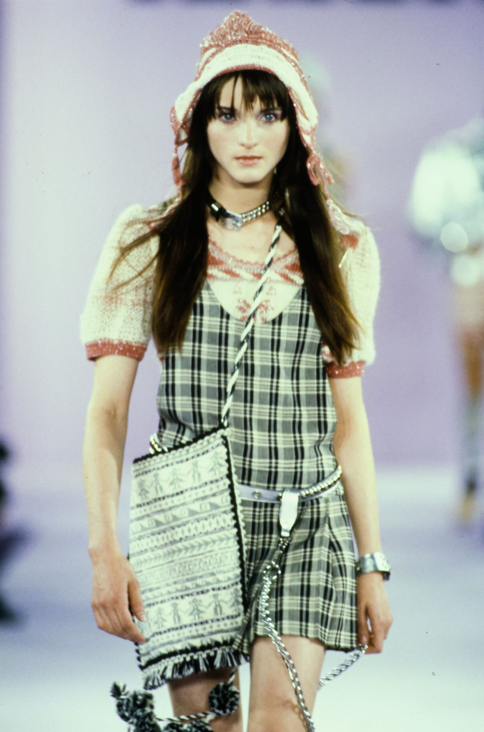 checked mini dress with hat