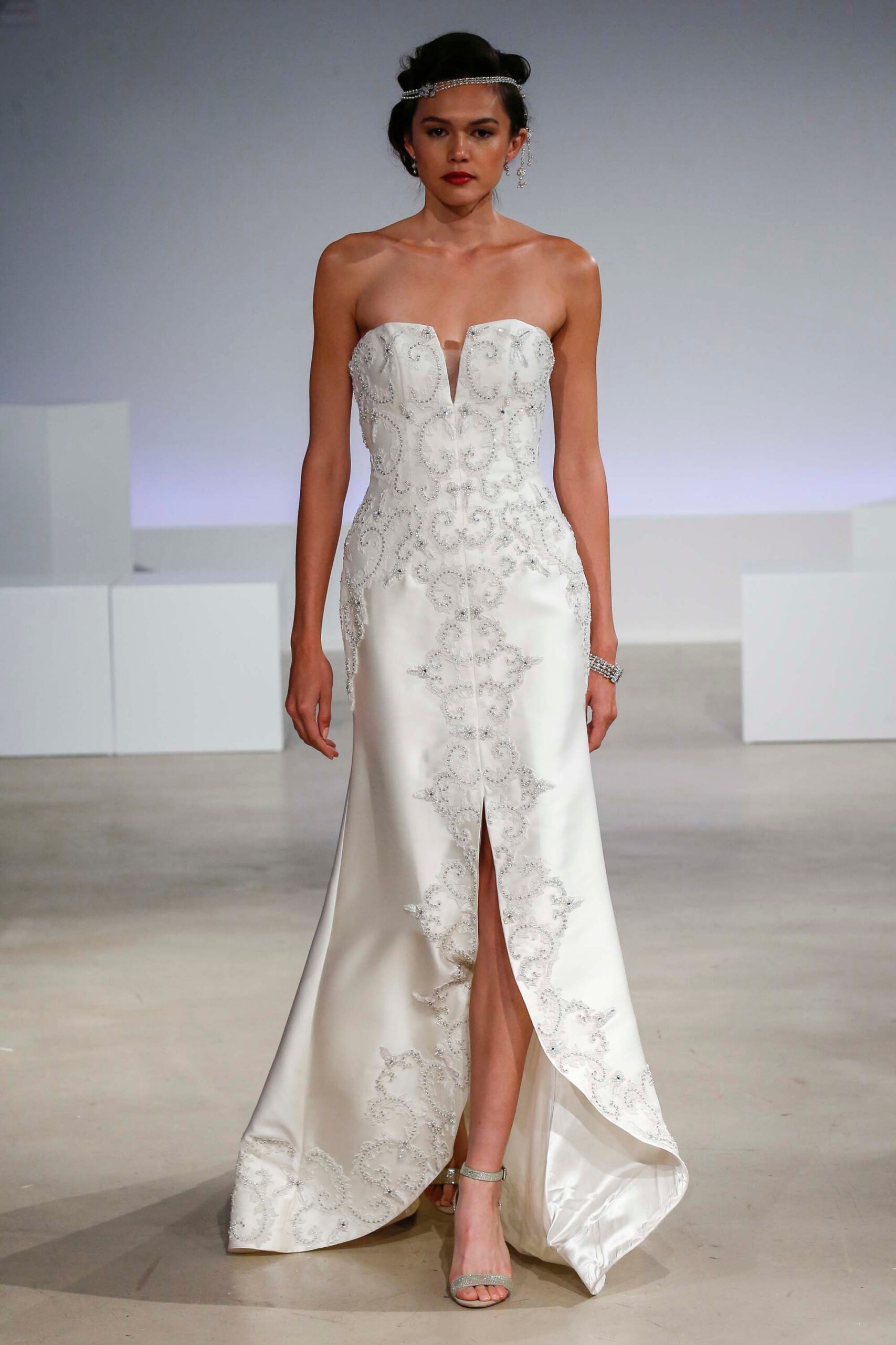 white silk strapless gown