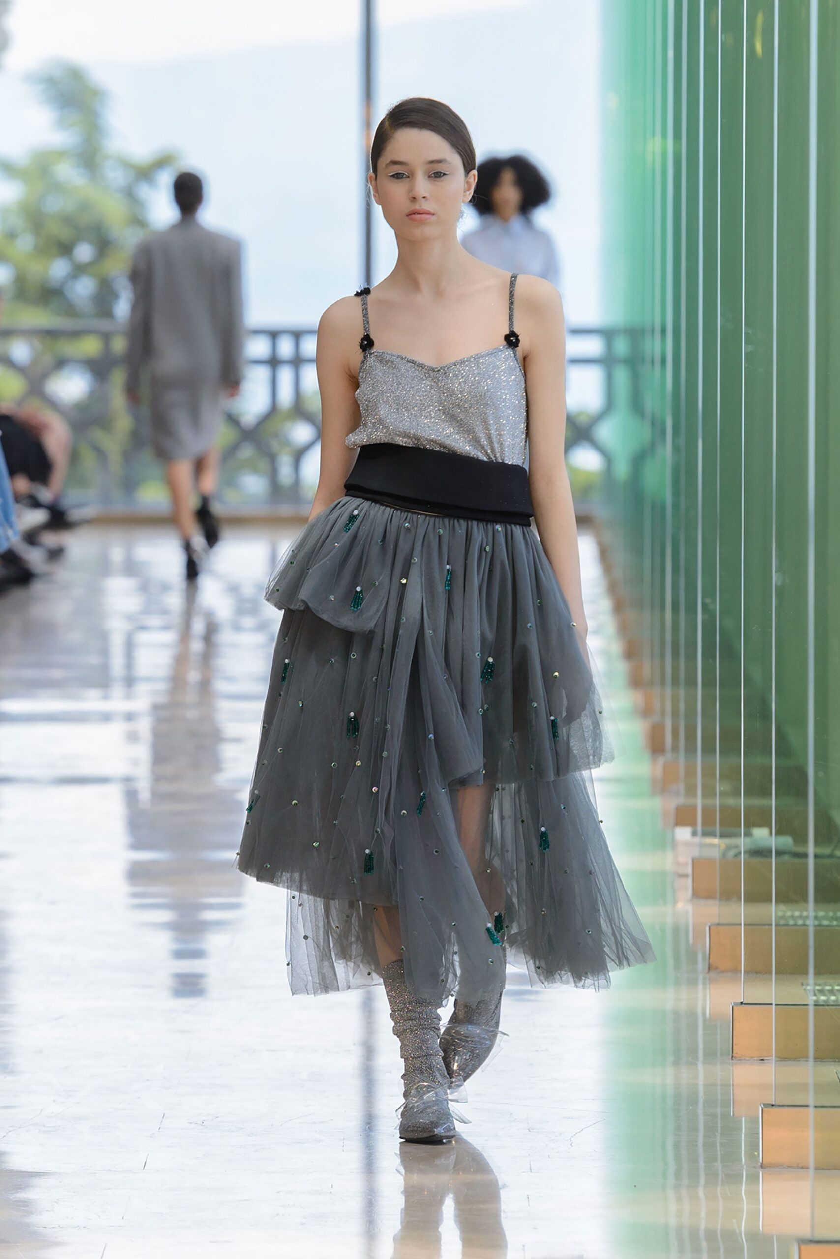 gray tiered embellished dress