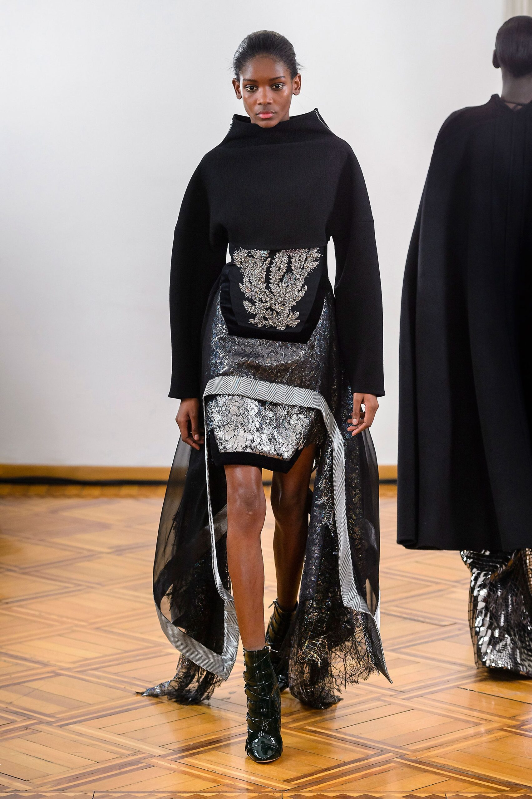 black silk layered midi dress with cape
