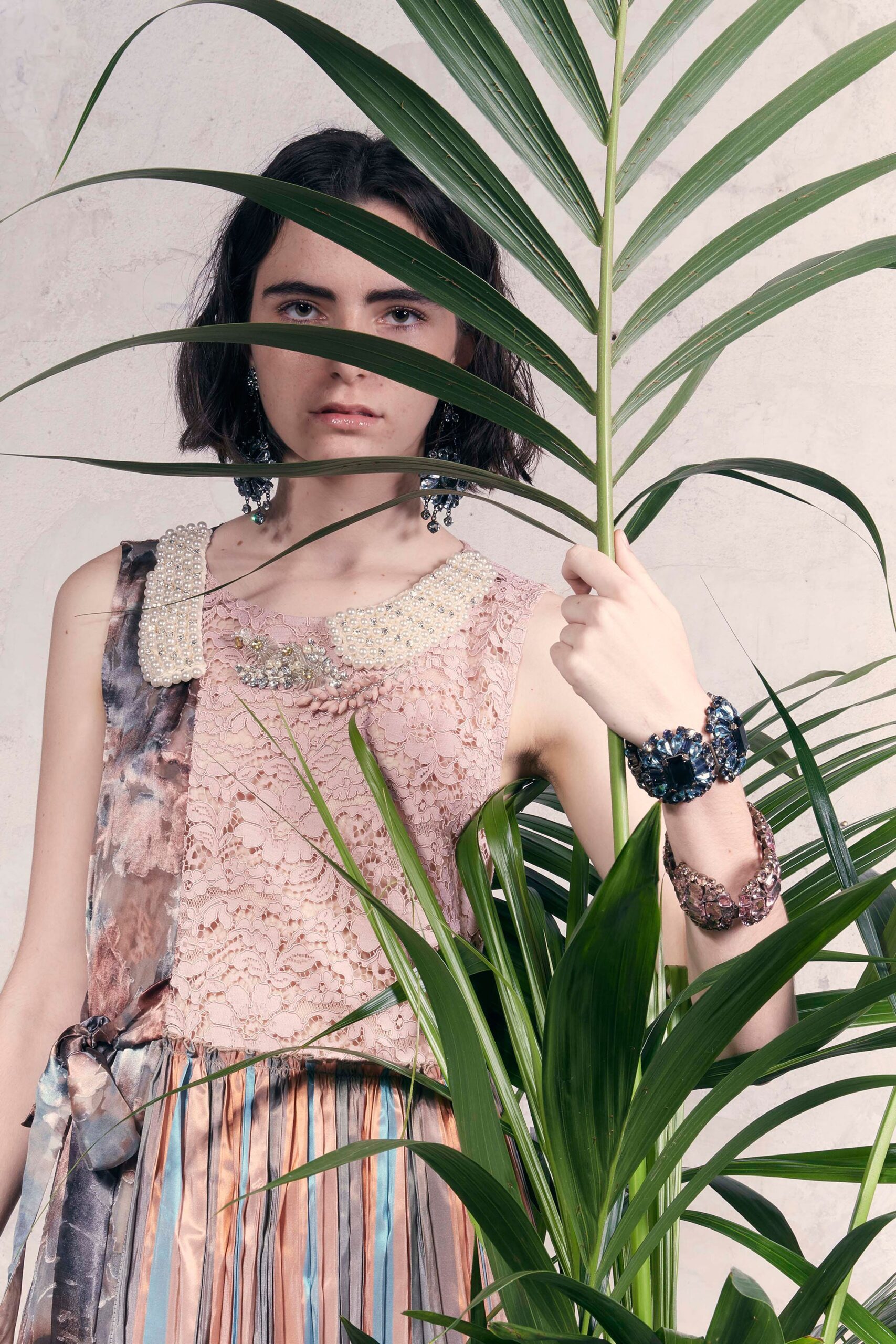 pink lace sleeveless high-neck fitted embroidered layered top