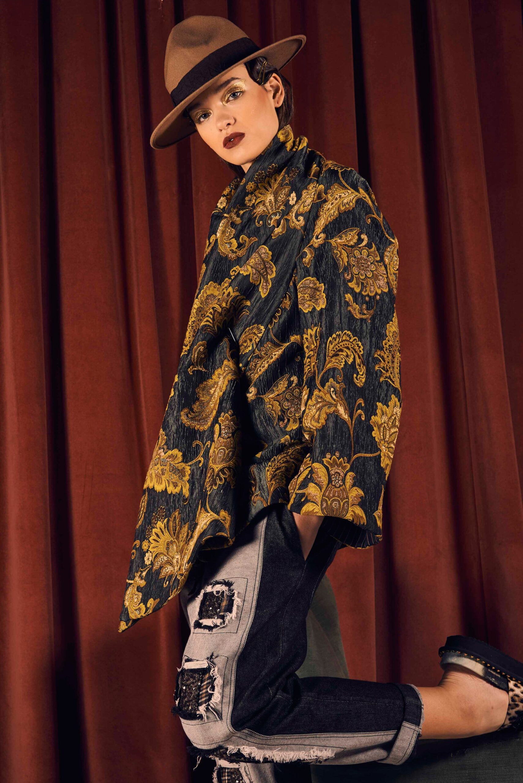 black and gold floral poncho