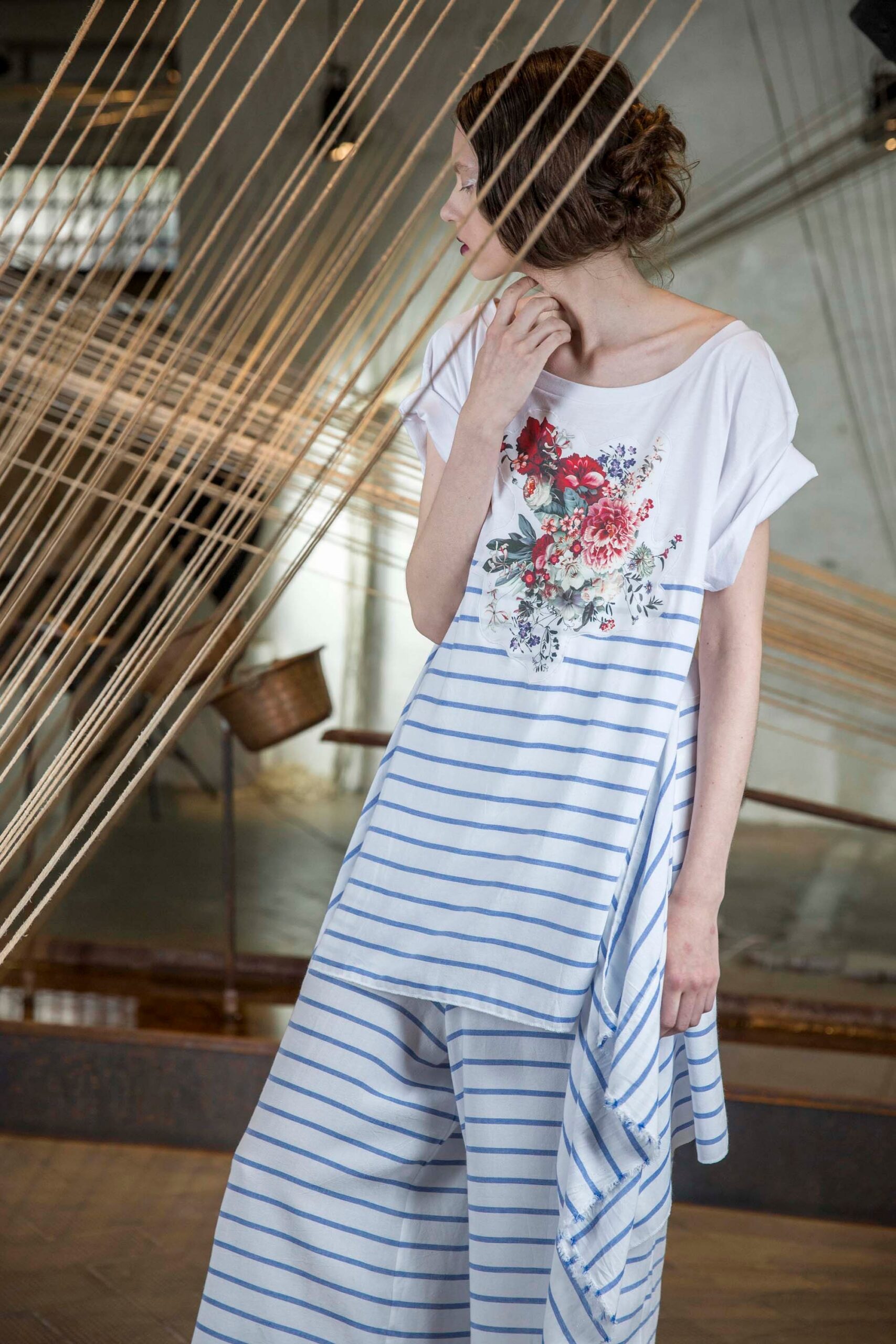 striped embroidered top with wide-leg pants