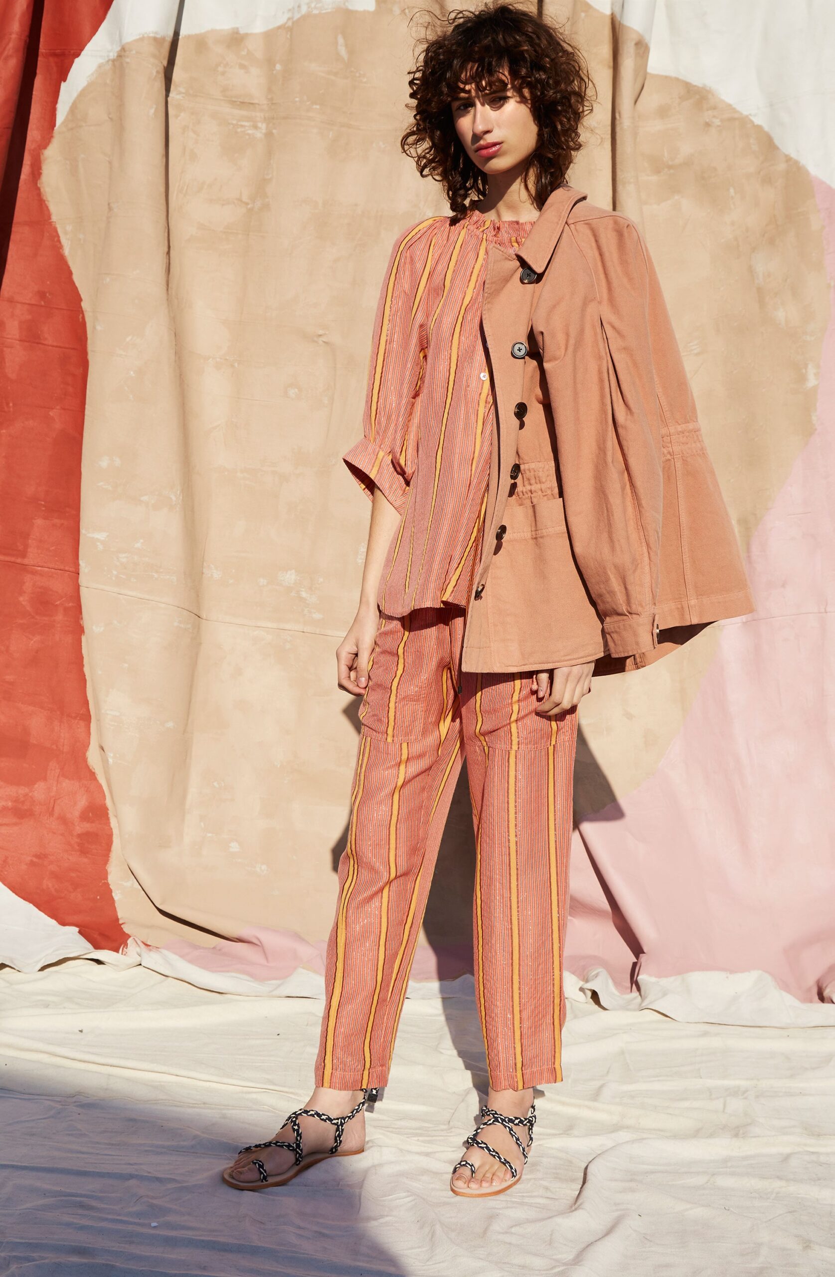 pink cotton long-sleeve collared relaxed striped buttoned jacket
