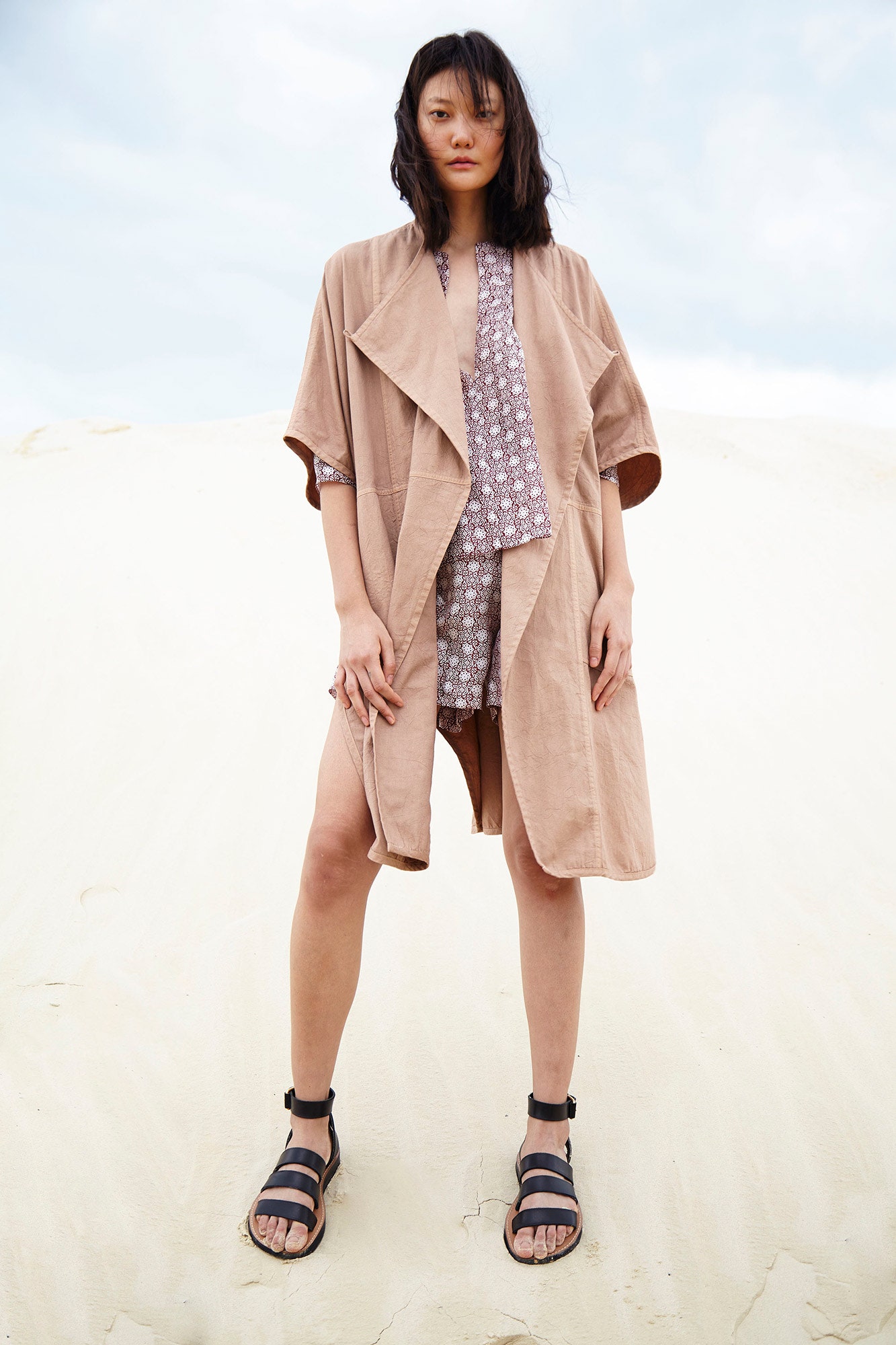 beige cotton short-sleeve collared relaxed draped midi coat