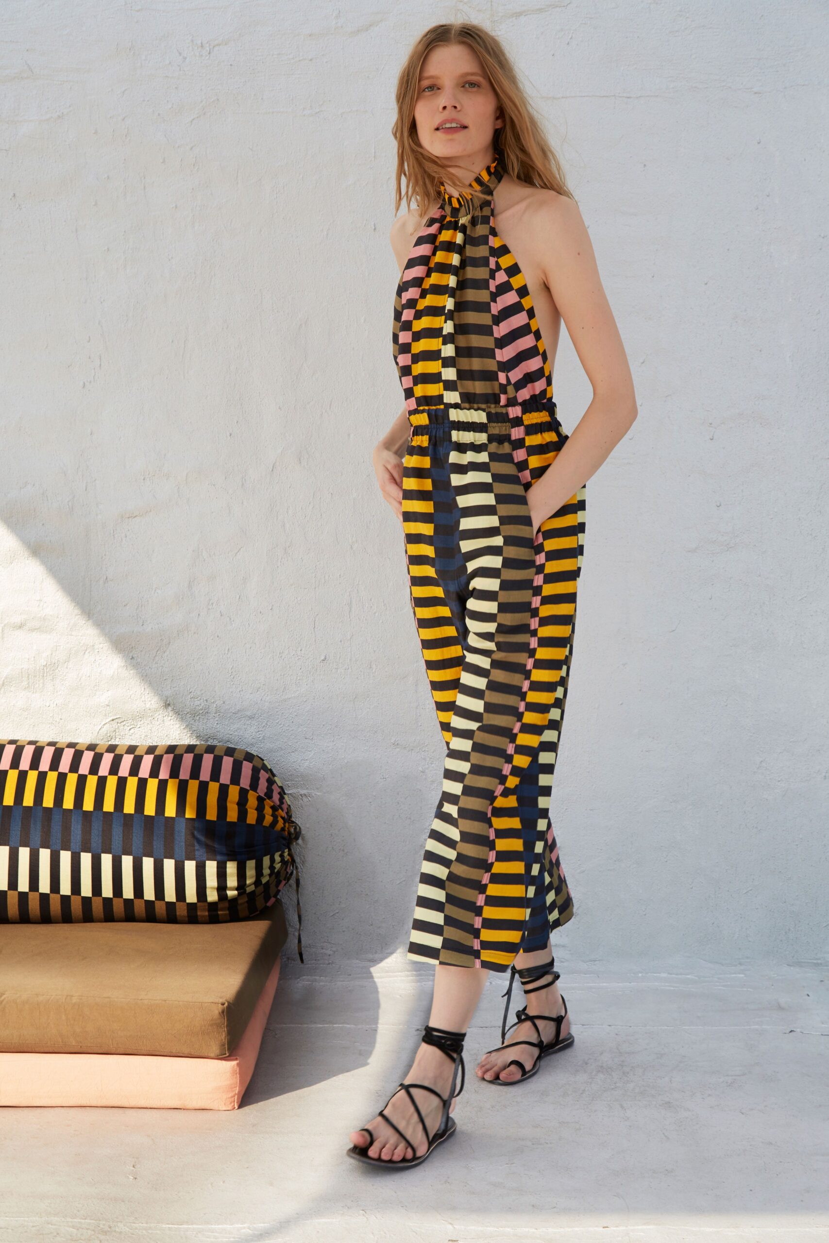 striped halter jumpsuit with pockets