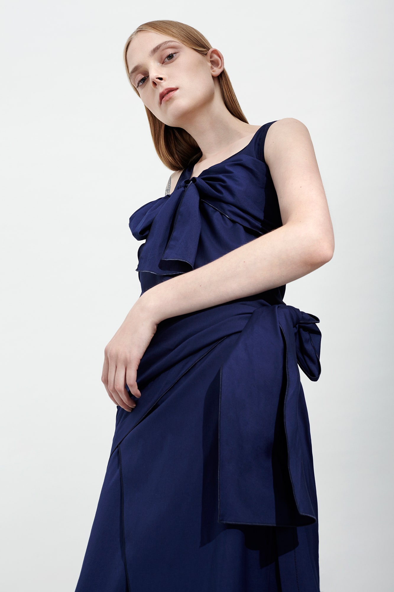 blue silk sleeveless dress