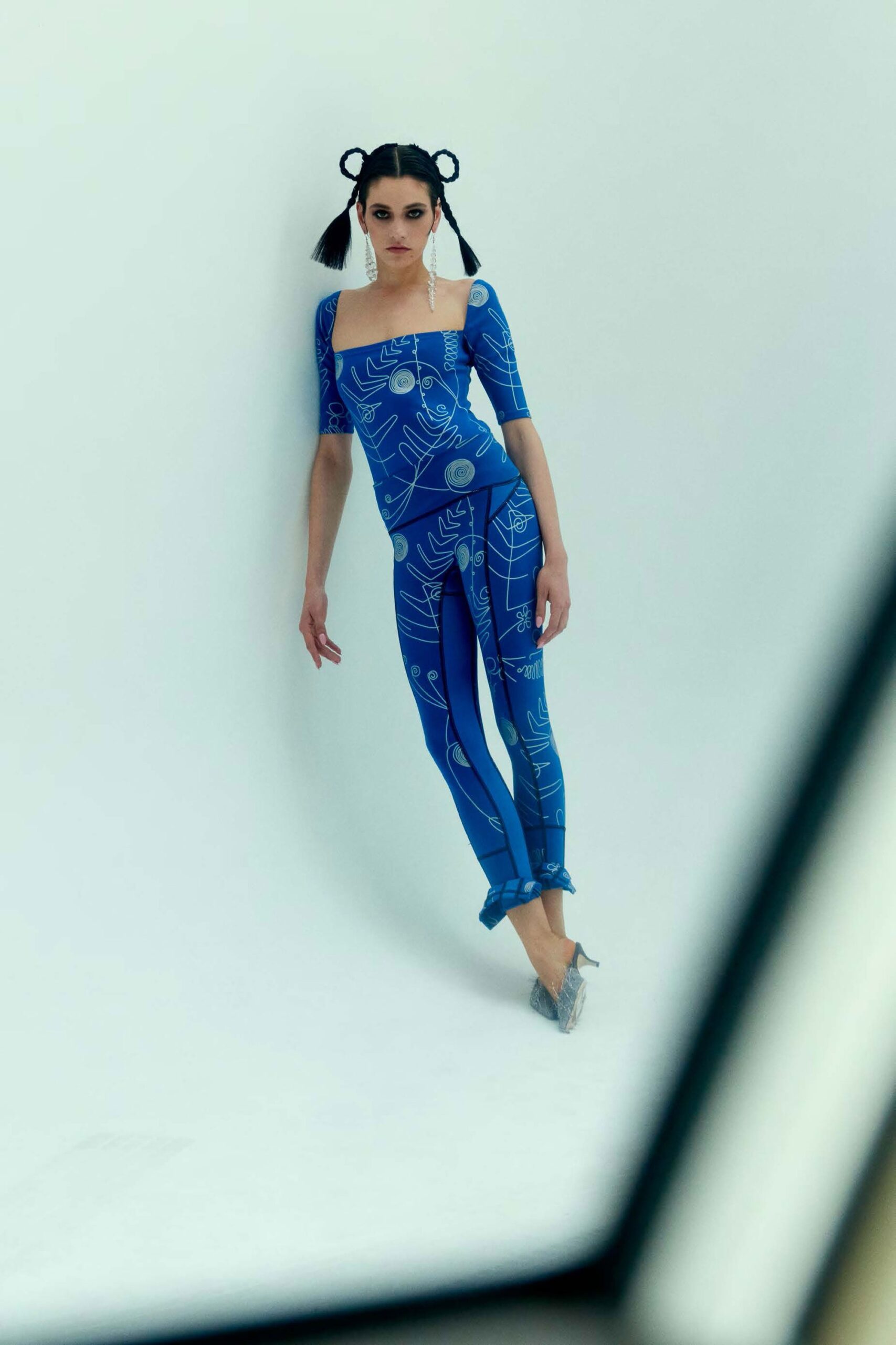 blue printed fitted catsuit