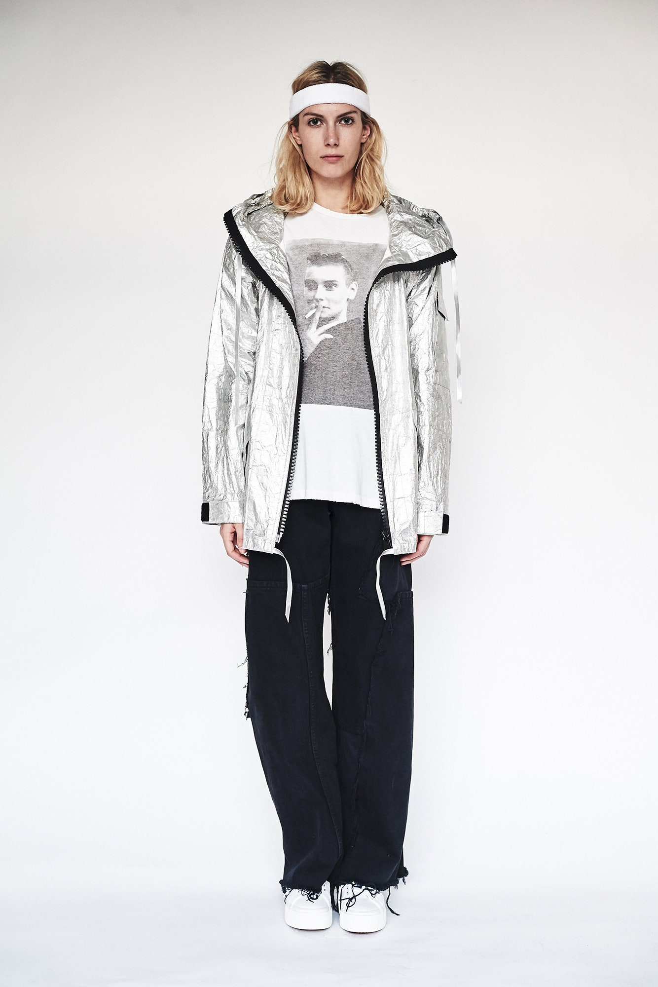 gray vinyl hooded long-sleeve relaxed zippered shiny jacket