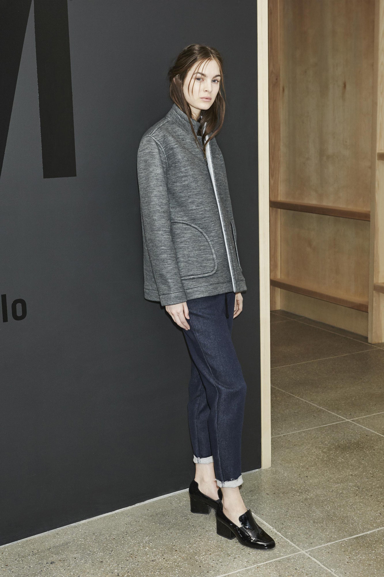 gray relaxed jacket with denim pants