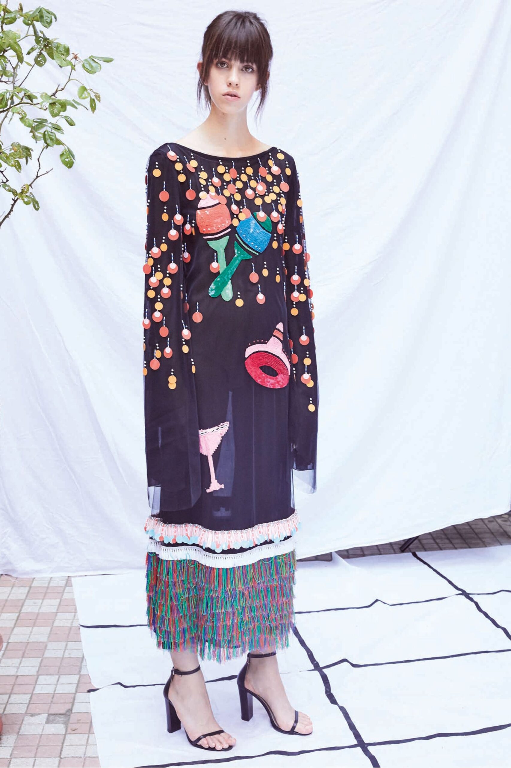 black silk long-sleeve scoop-neck relaxed embroidered tiered dress
