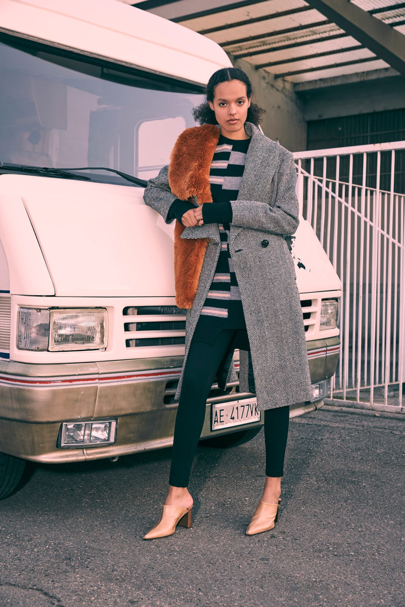 gray wool coat with striped top