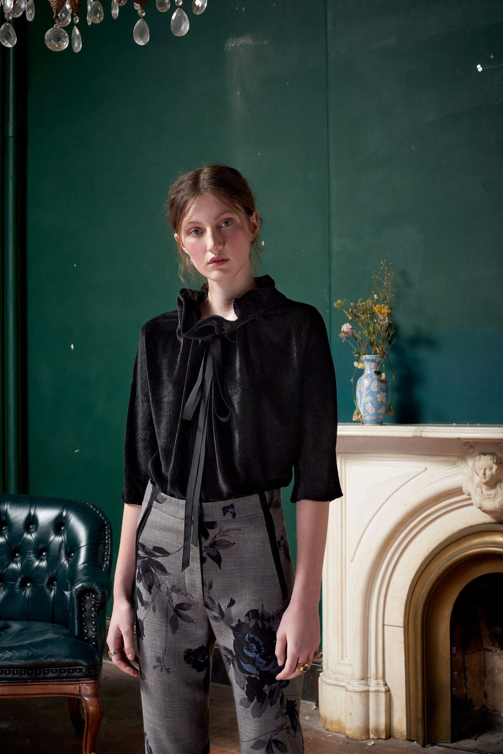 black silk short-sleeve collared fitted draped top