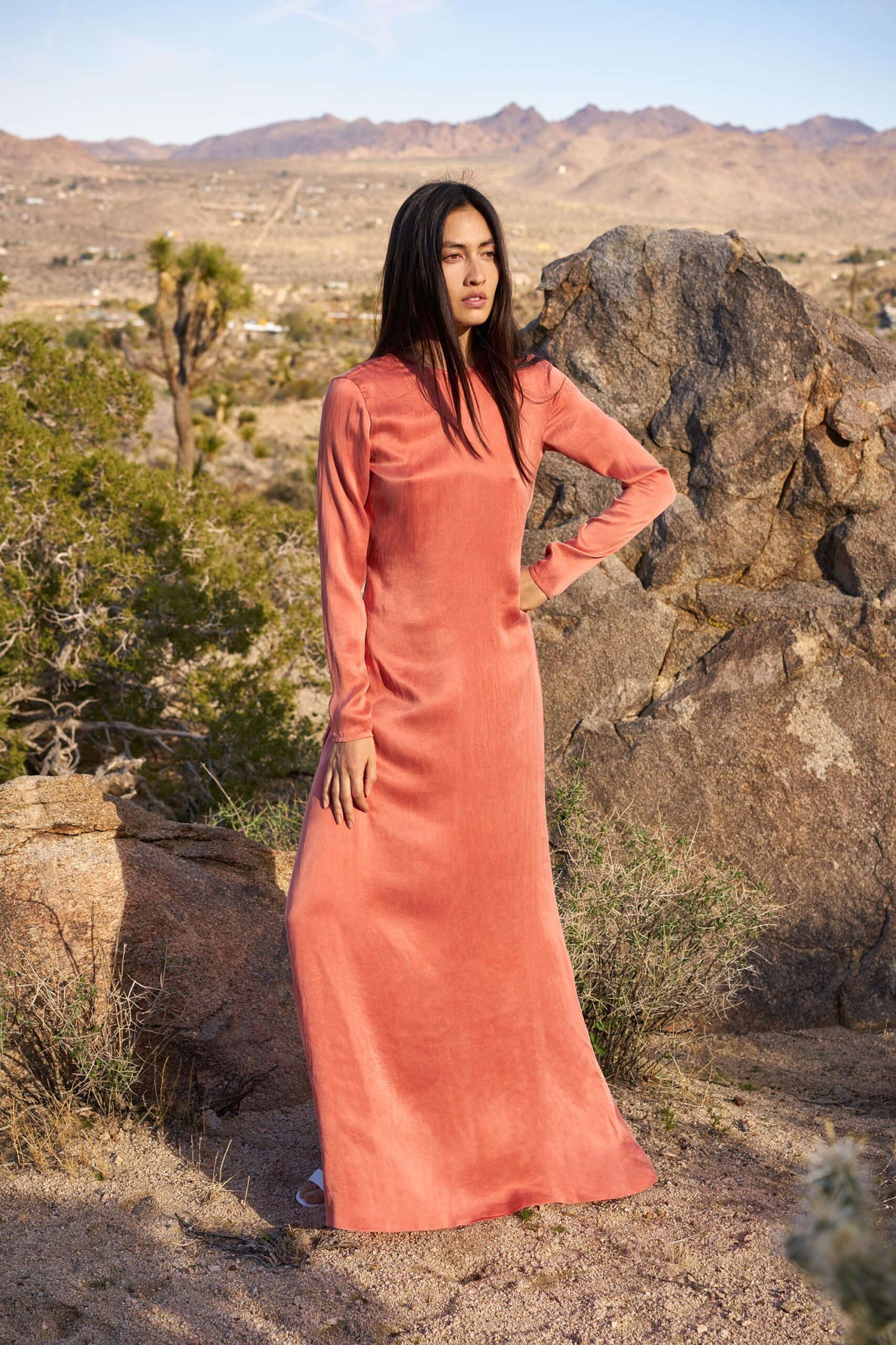 coral silk long-sleeve maxi dress
