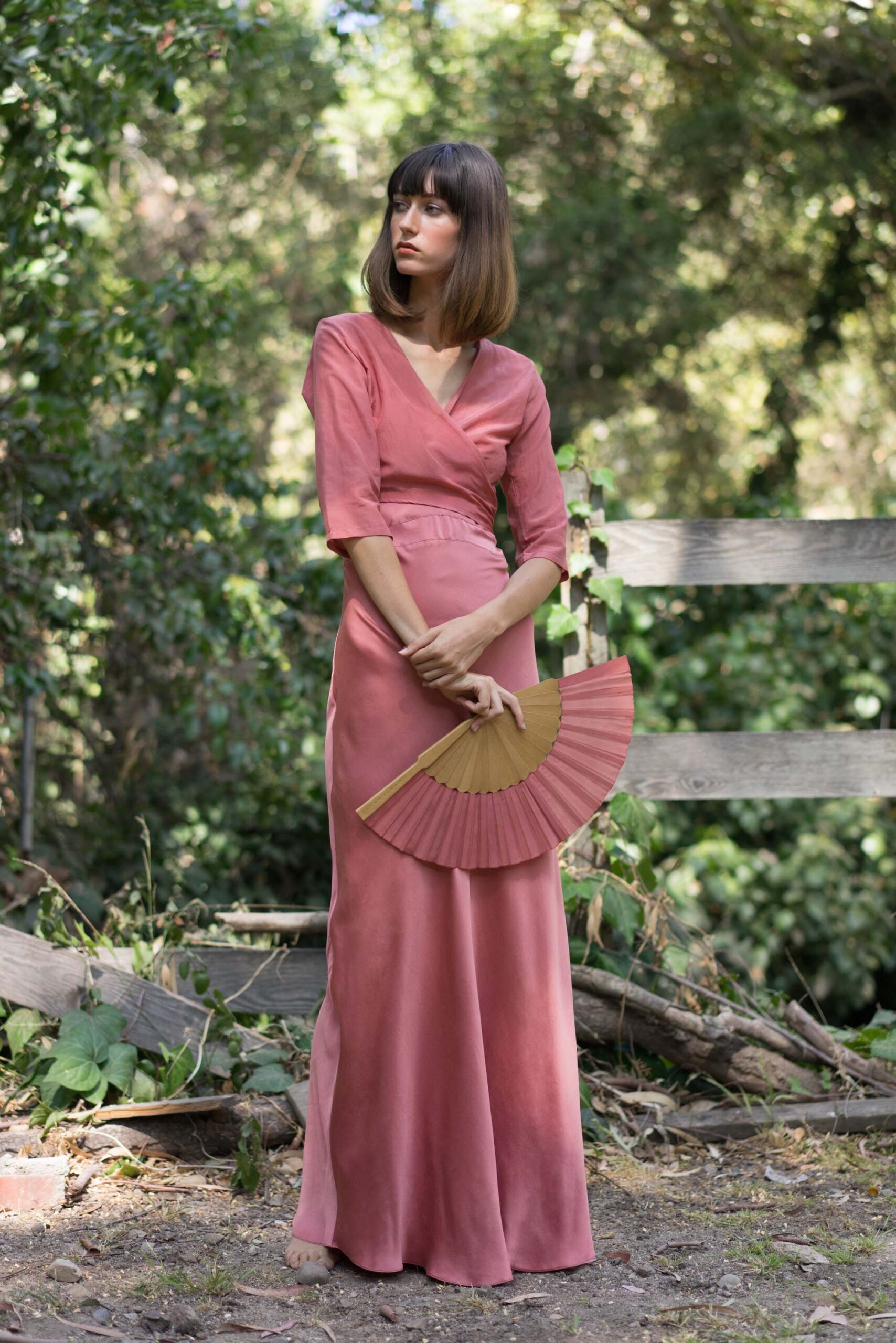 pink silk fitted gown