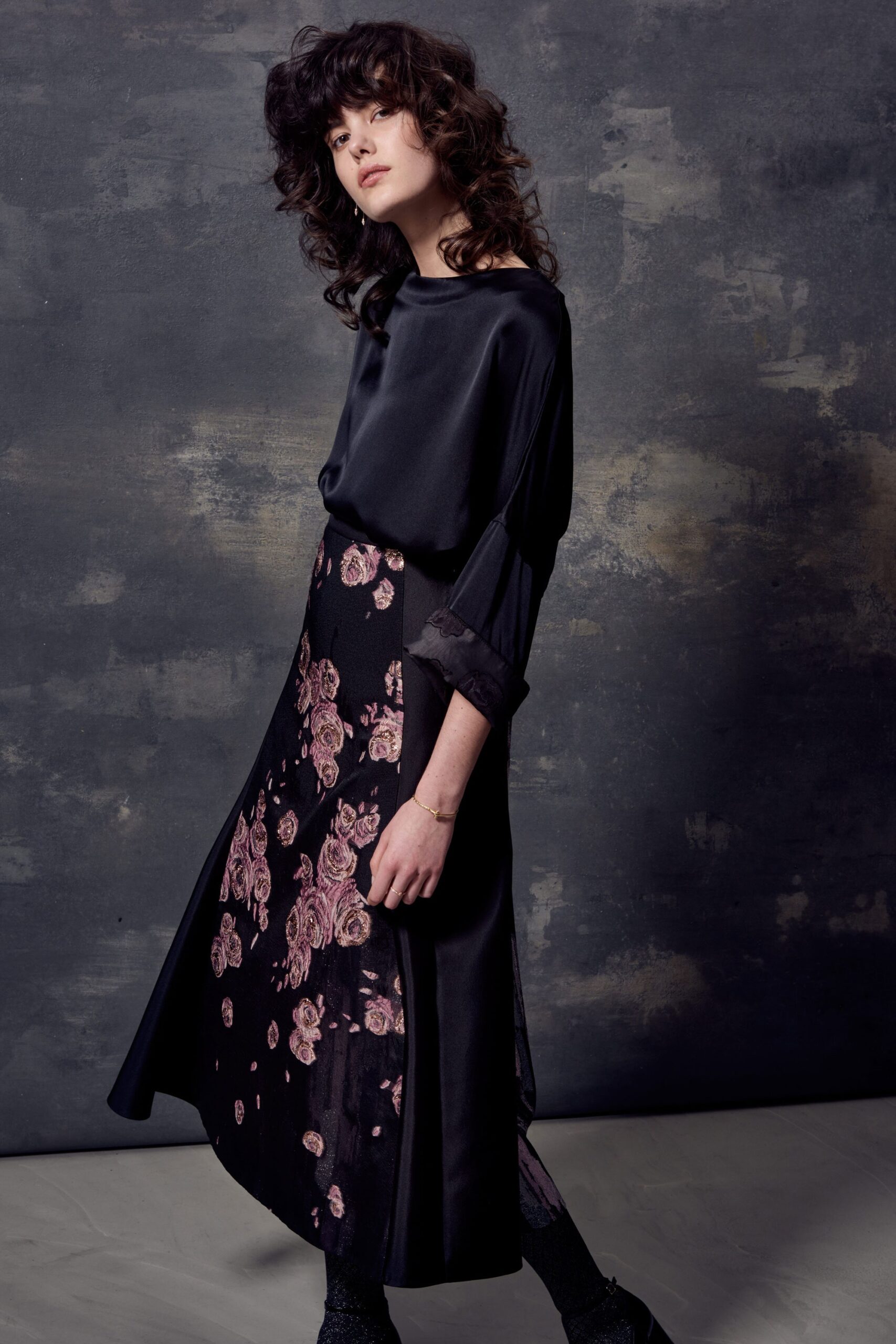 black silk embroidered midi dress