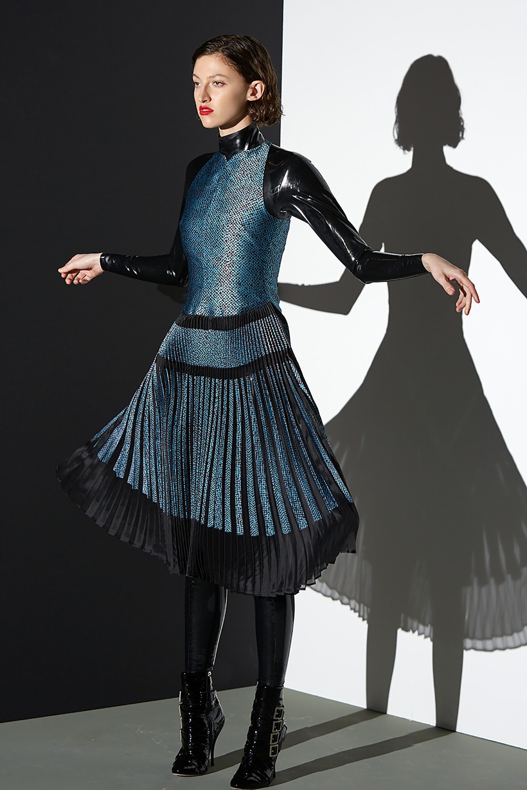 blue and black pleated dress