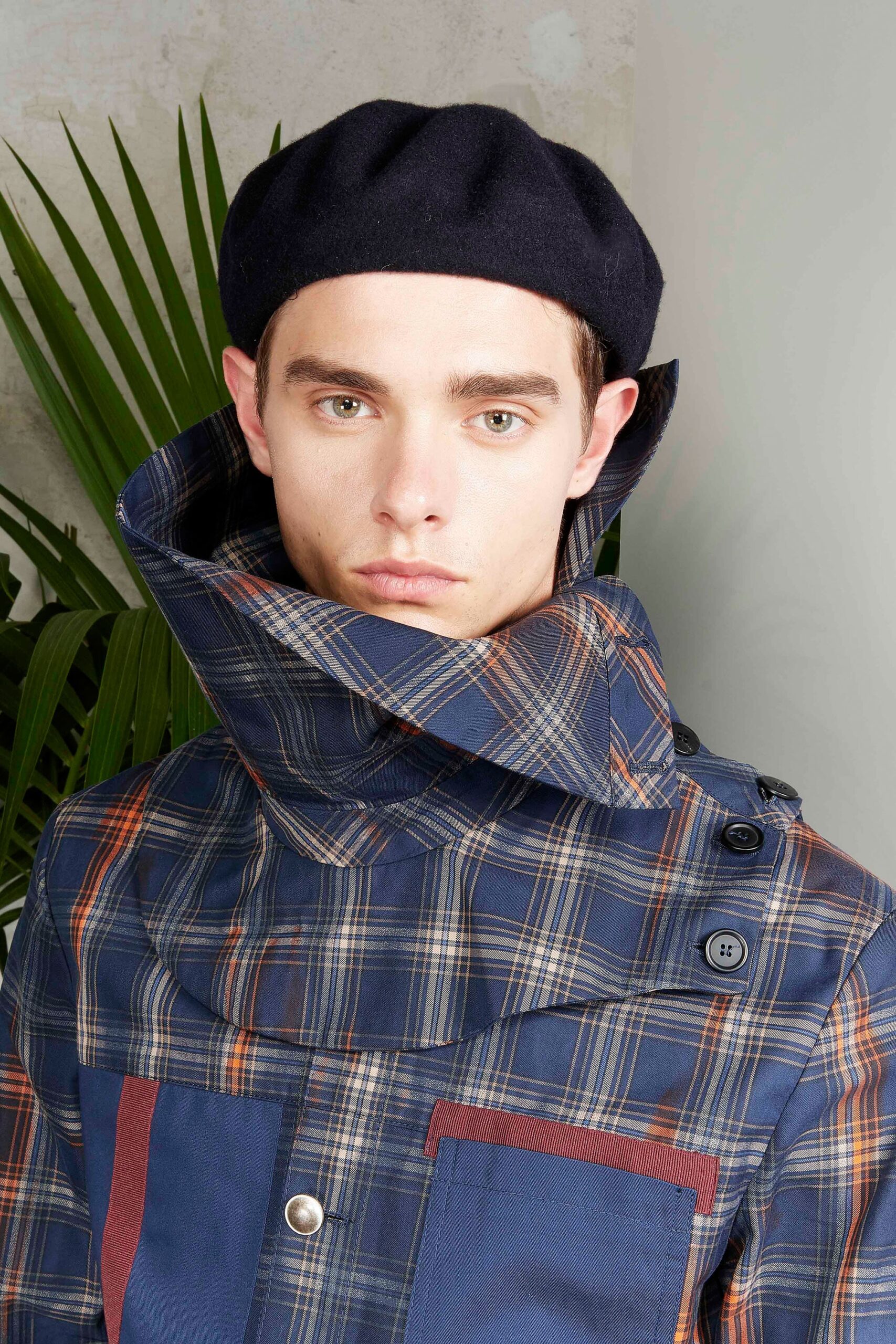 relaxed blue checked jacket with black hat
