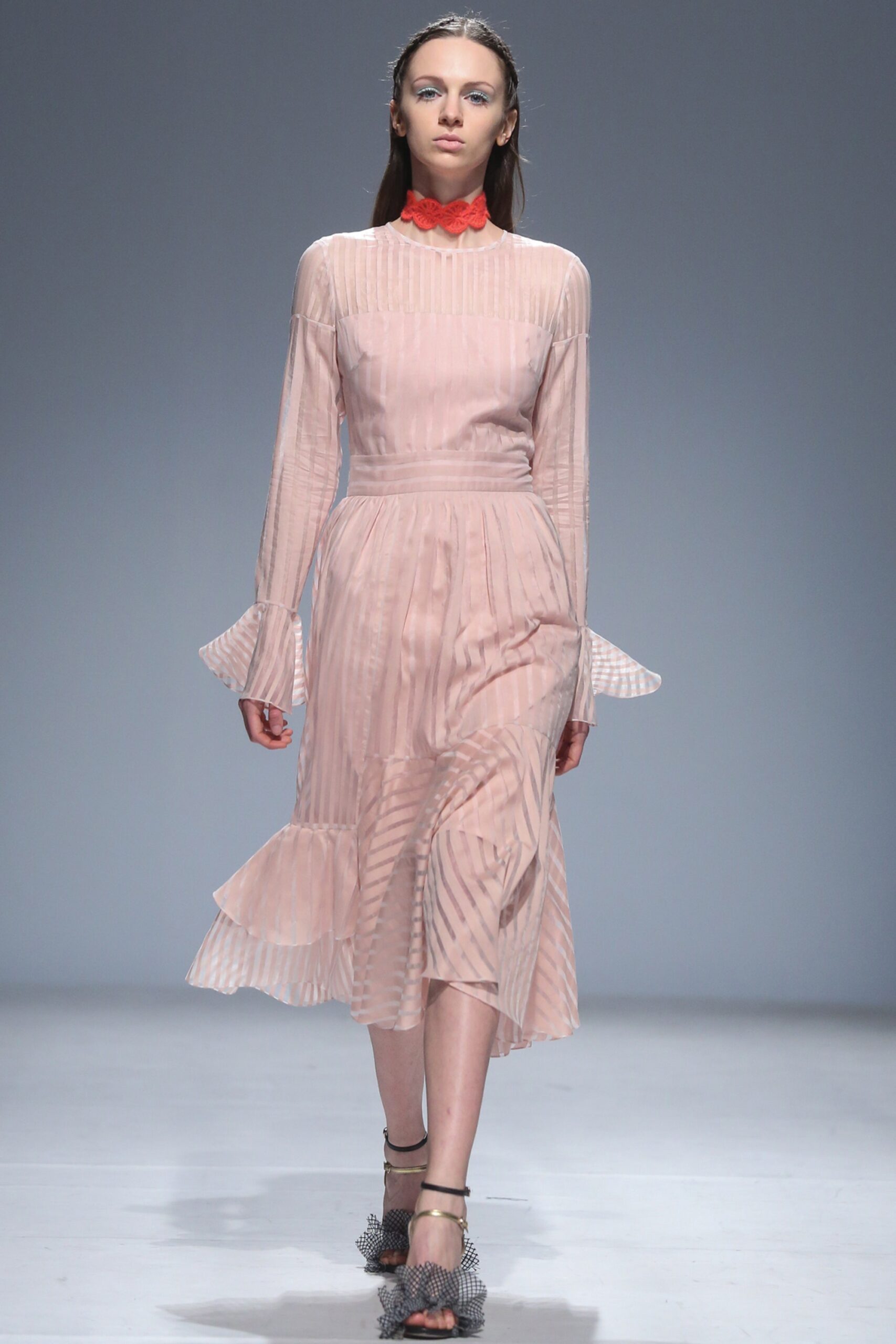 pink silk pleated midi dress