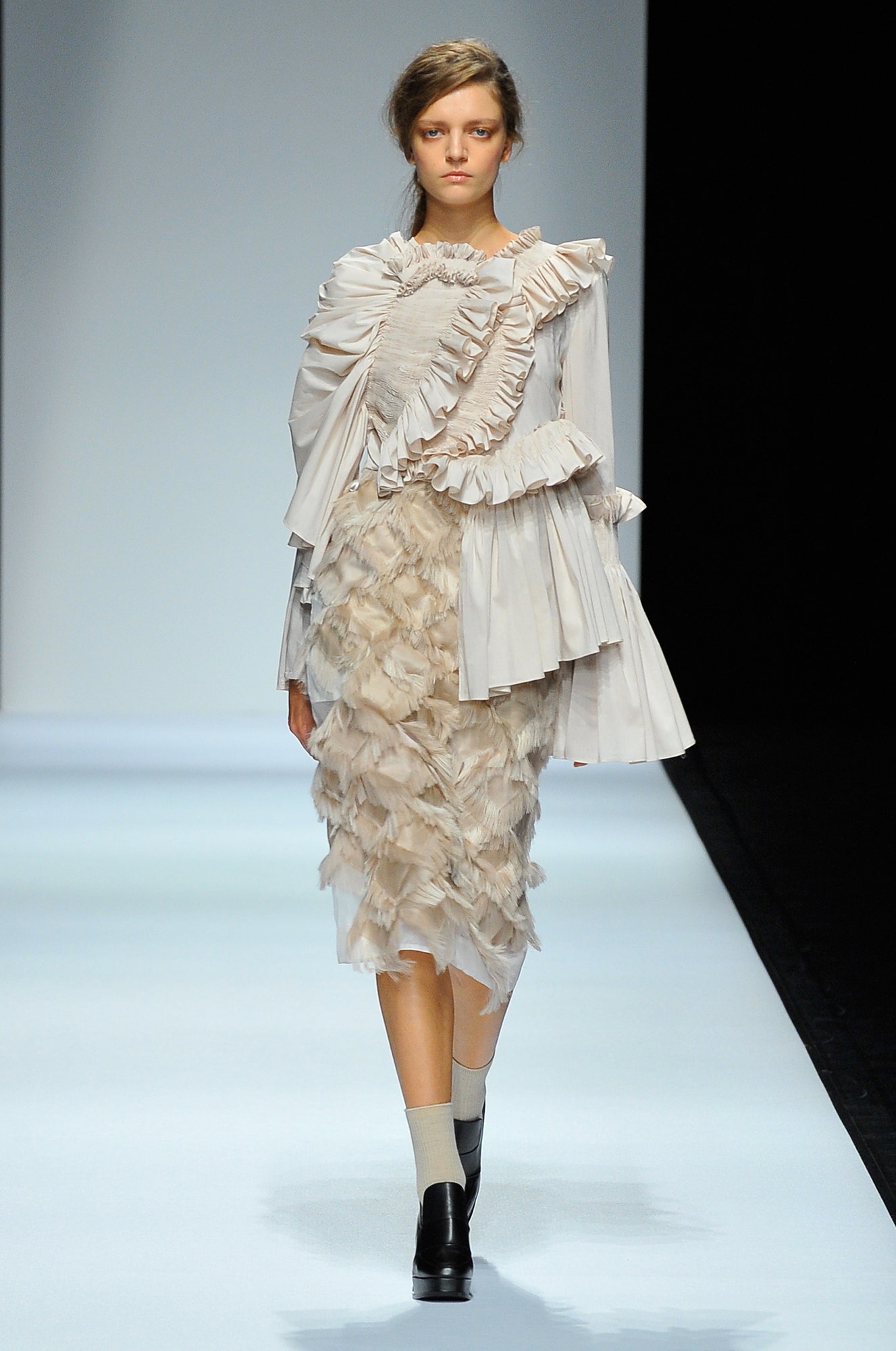 beige silk long-sleeve high-neck fitted ruffled blouse
